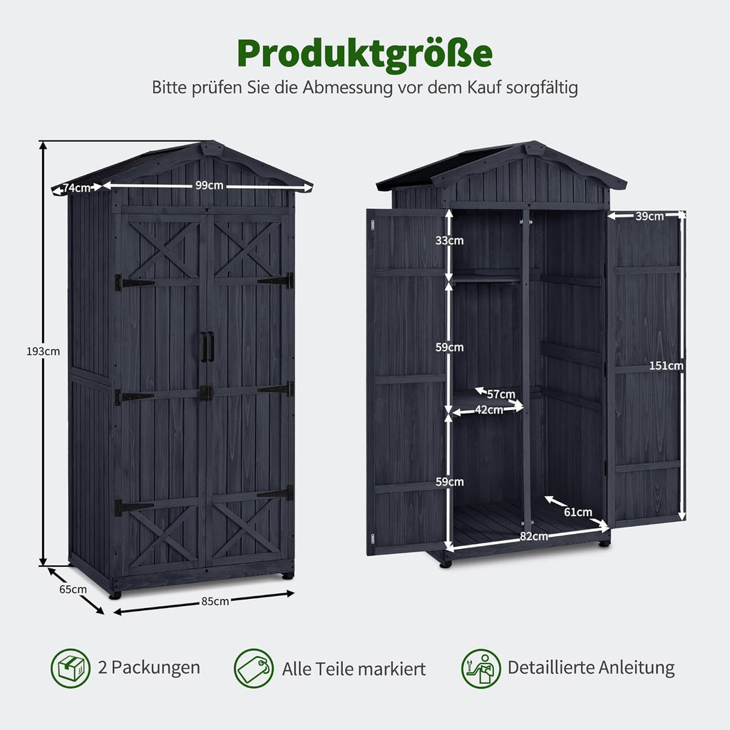 M MCombo Armario de jardín caseta de jardín de Madera Resistente a la Intemperie, Armario Exterior Impermeable con Suelo, para Uso Exterior balcón, 74×99×193 cm (Gris Antracita)