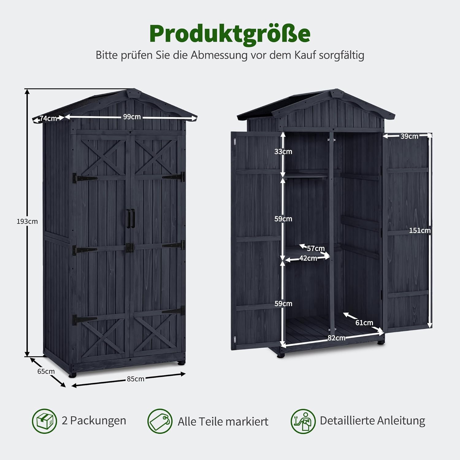 M MCombo Armario de jardín caseta de jardín de Madera Resistente a la Intemperie, Armario Exterior Impermeable con Suelo, para Uso Exterior balcón, 74×99×193 cm (Gris Antracita)