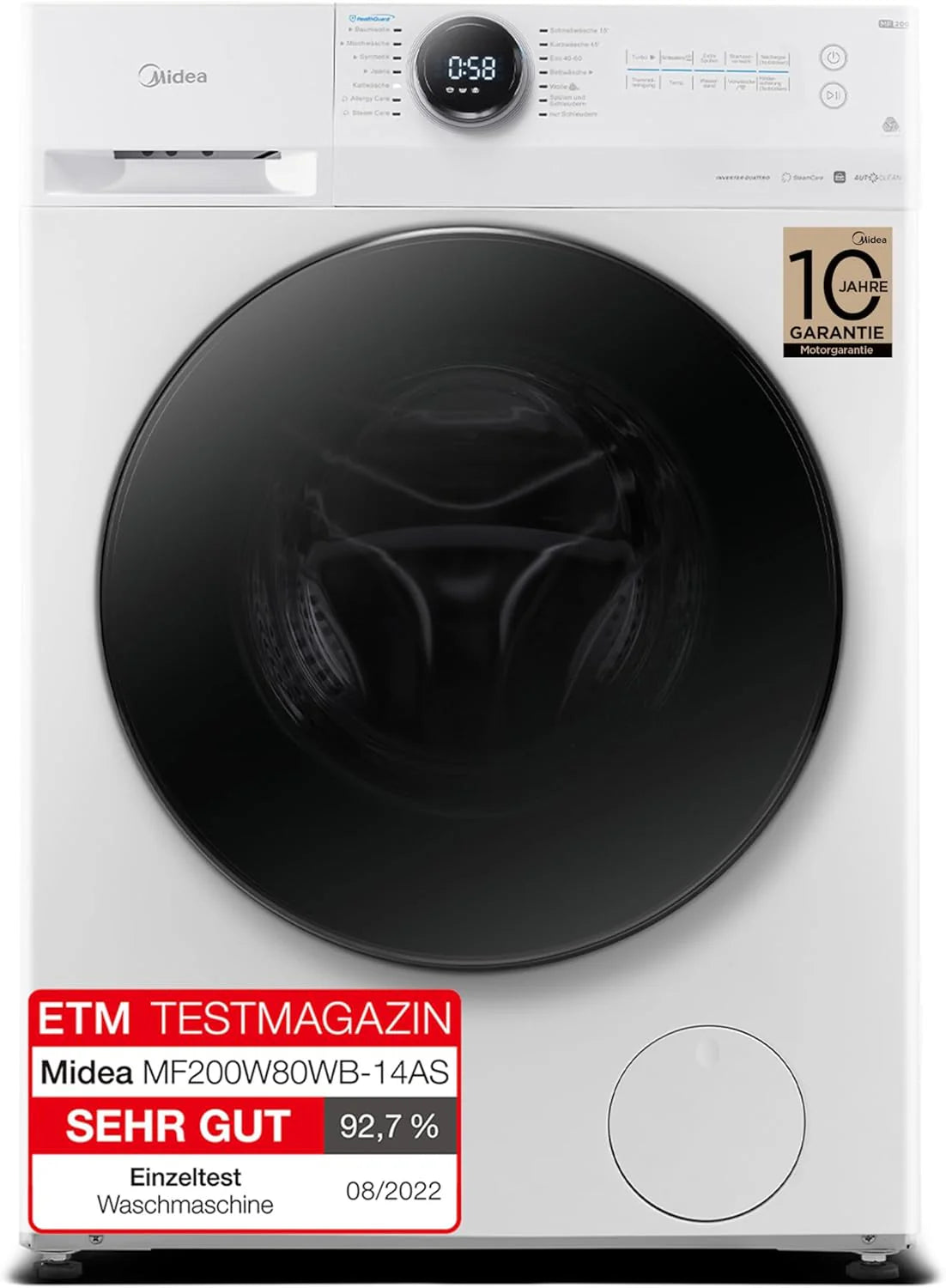 Midea Washing Machine 8 kg Front Load 1950W, 1350 rpm with Inverter Motor - Washing Machines with 15 Programmes and Healthguard Technology - Washing Machine Low Consumption, Fast Wash, Steam Function and Eco Mode