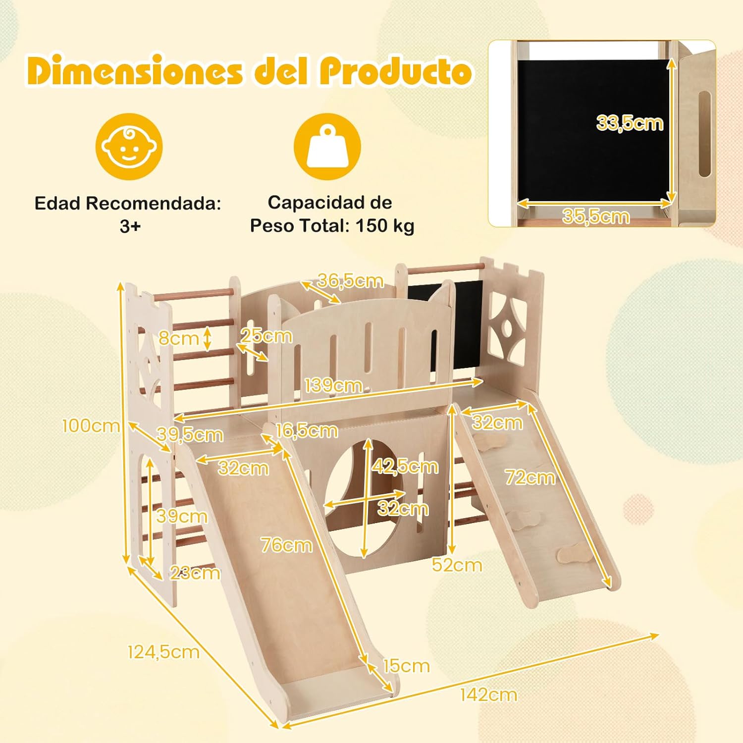 COSTWAY 8 en 1 Parque de Juegos de Interior de Madera con Temática de Castillo, Tobogán Infantil, Escalador, Escaleras, Almacenamiento, Pizarra, Túnel, Juego Montessori para Niños de 3+ Niños