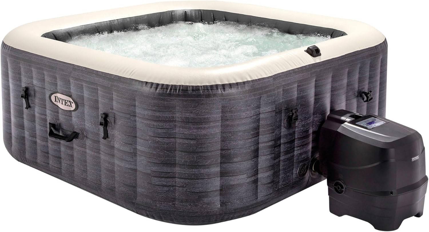 Intex Spa hinchable cuadrado Greystone Deluxe 4 personas, 175x175x71 cm, Calentador 2.200 W, Burbujas aire caliente, Clorador salino, Depuradora con filtro S2 (1.741 l/h), Accesorios incluidos (55093)