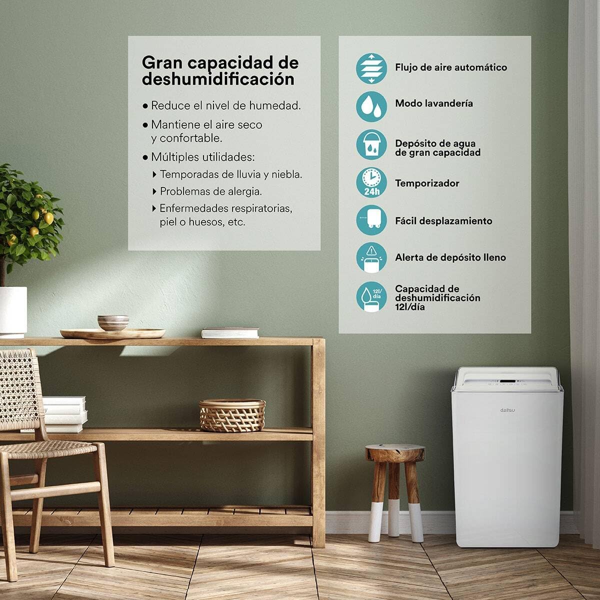 Daitsu - Deshumidificador | Alta Capacidad de 20L/día | Control de Humedad Ajustable | Drenaje Continuo | Descongelación Automática | Eficiencia Energética Clase A