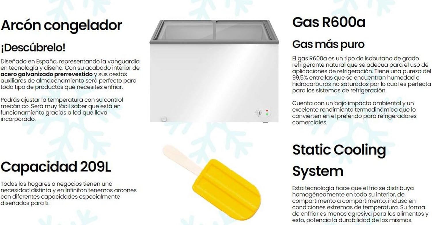 INFINITON Arcon Congelador Industrial FCH-209CC82WEC, 209 Litros, Puerta con diseño Flat door design, Control de temperatura Mecánico, D, Ruedas, Cierre de seguridad con llave