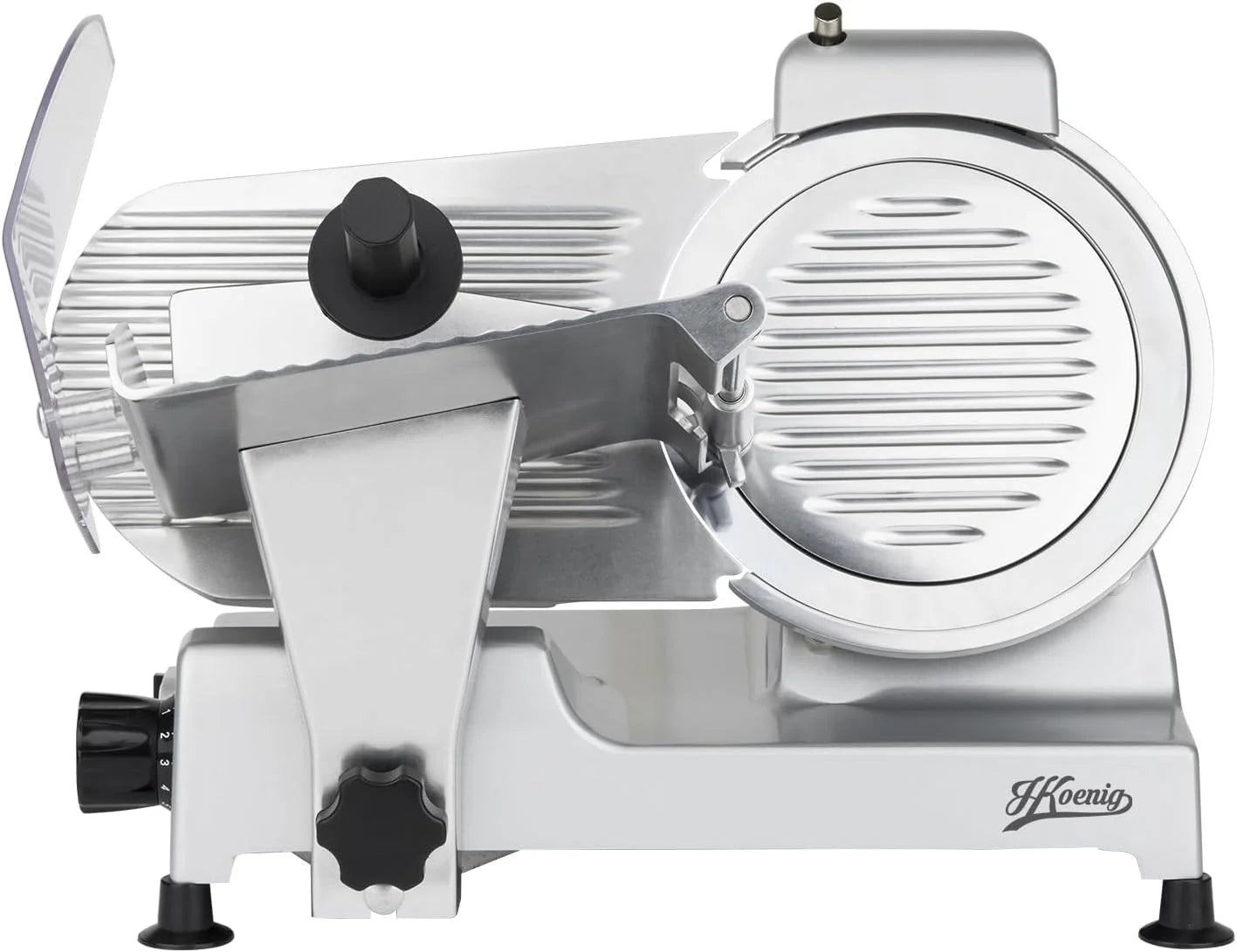 H.Koenig MSX250 Professional Precision Electric Meat Slicer 0-12 mm Cutting Thickness 25 cm Italian Blade Integrated Sharpener Wide Tray 282 RPM Silver