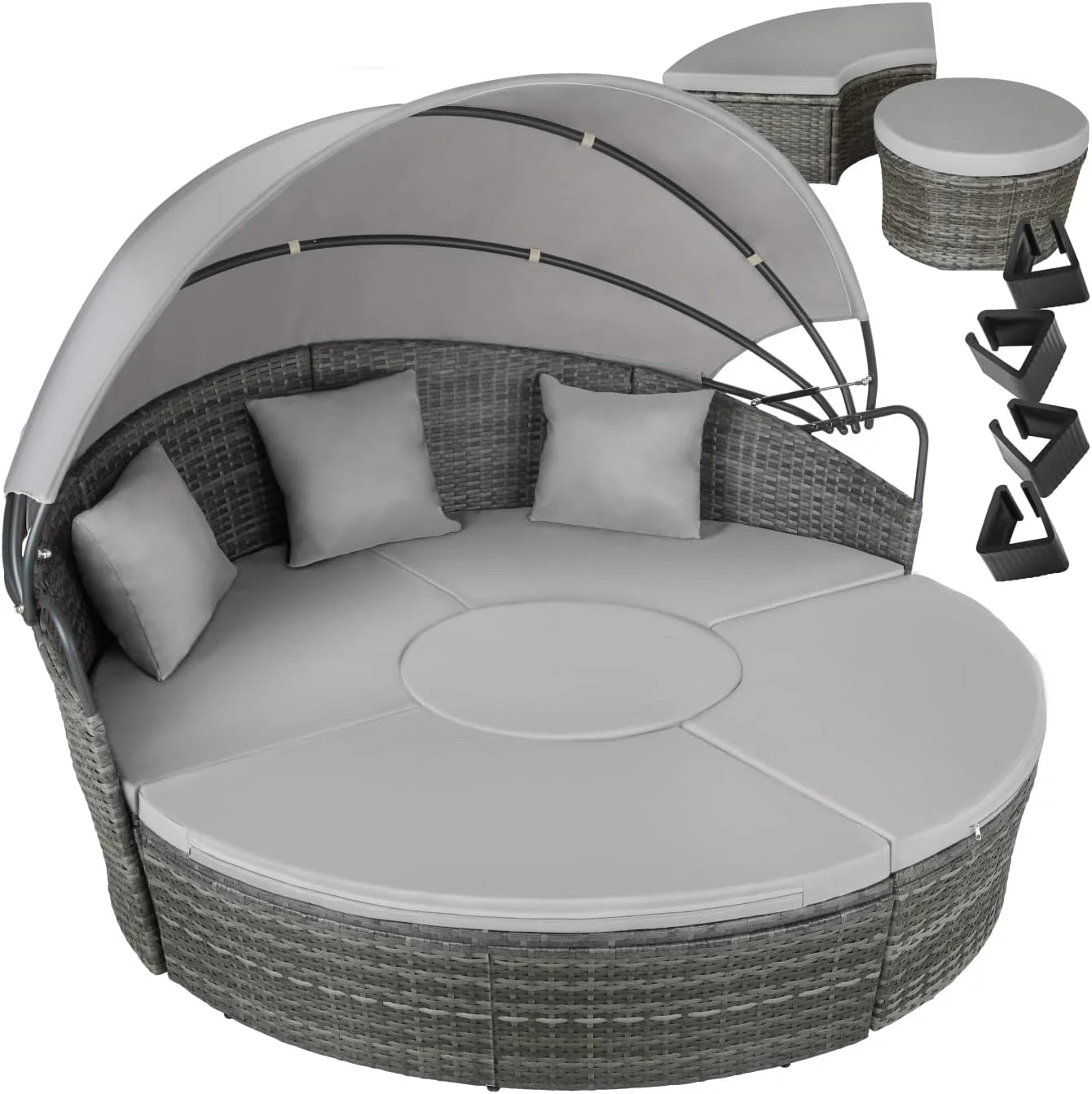 tectake Rattan Island with Cushions, Garden Set with Folding Sliding Awning, Outdoor Garden Furniture with Steel Frame and UV Resistant, Combinable Terrace Set – Beige