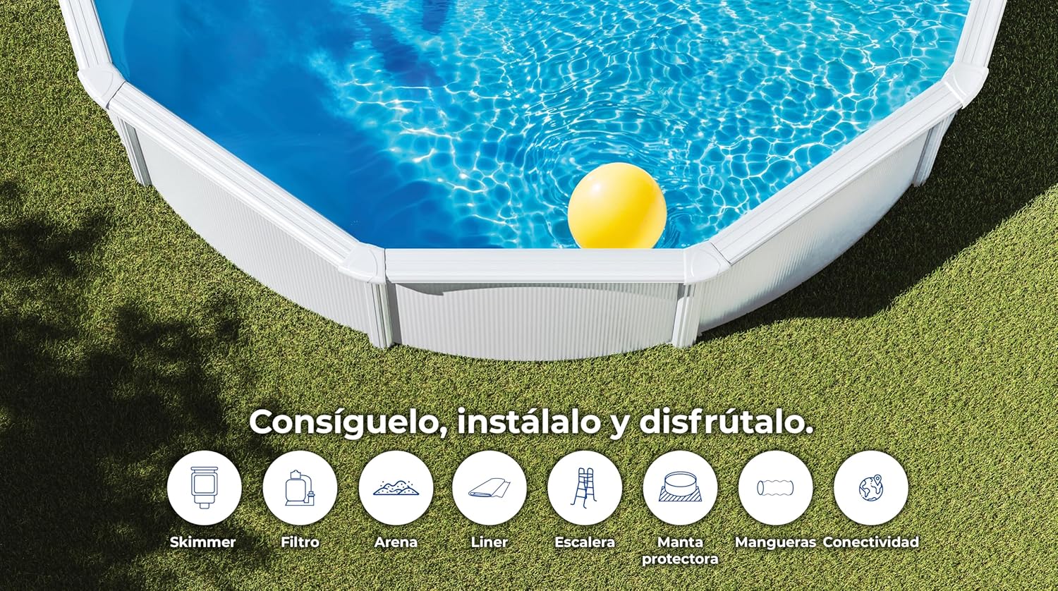 Piscina de Acero Elevada,Redonda con Aspecto Acero Blanco. Piscinas Desmontables para Jardín 550 x 132 cm - Piscina Gre KITPROV508 Atlantis.
