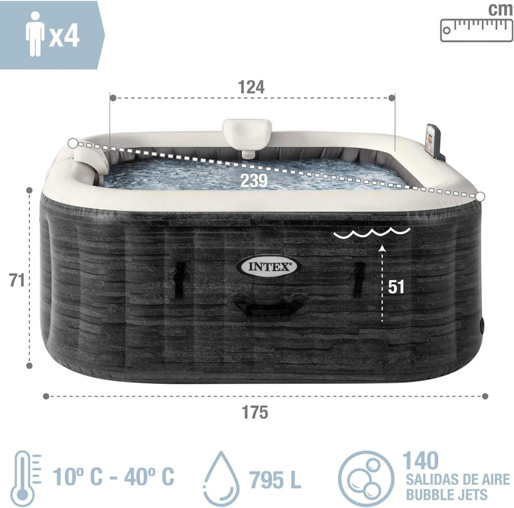 Intex Spa hinchable cuadrado Greystone Deluxe 4 personas, 175x175x71 cm, Calentador 2.200 W, Burbujas aire caliente, Clorador salino, Depuradora con filtro S2 (1.741 l/h), Accesorios incluidos (55093)