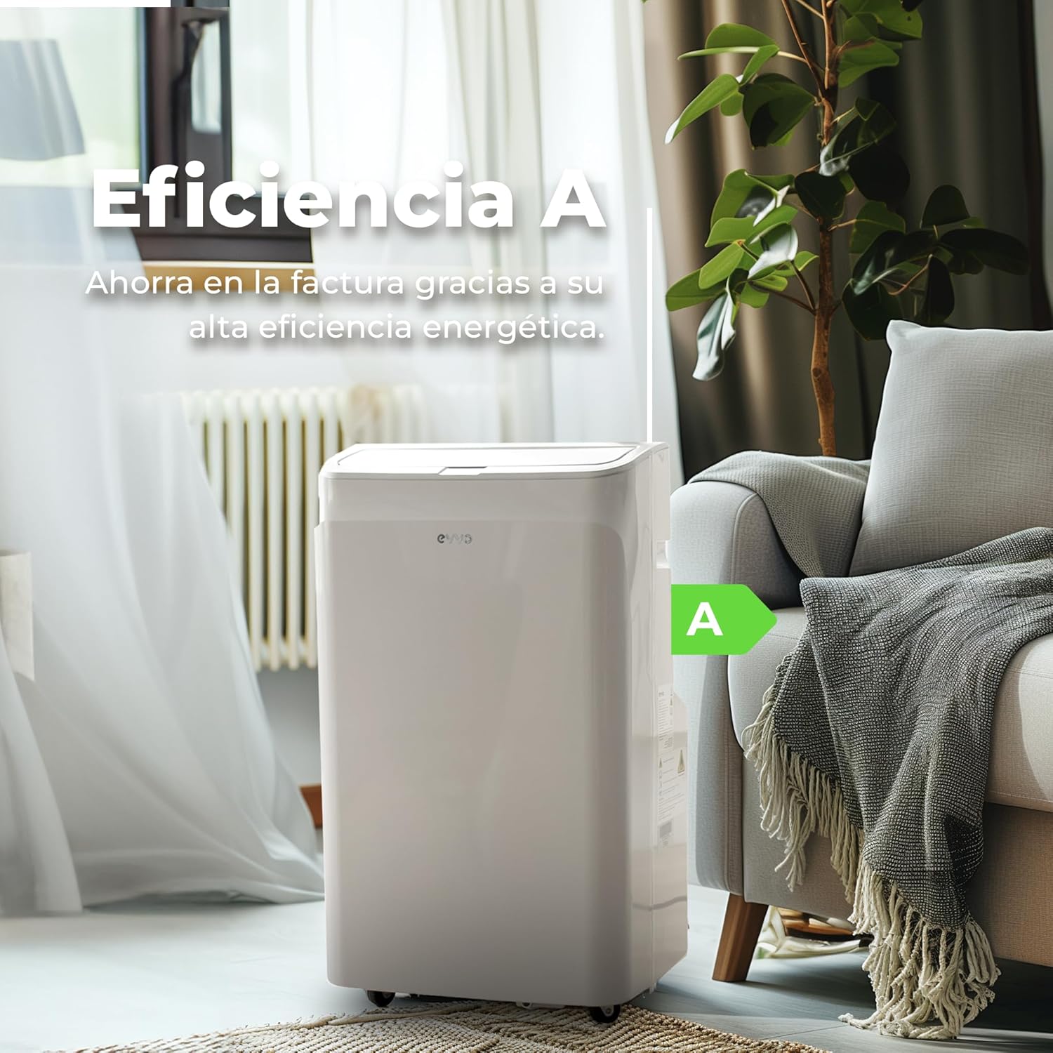 EVVO Aire Acondicionado Portatil Frío y Calor, Clase A, 12.000 BTU, Control Remoto y Temporizador 24h, 4 en 1, Deshumidificador, Ventilación, Hasta 26 m2. (Modelo: CLIMA P12 Frio y Calor)