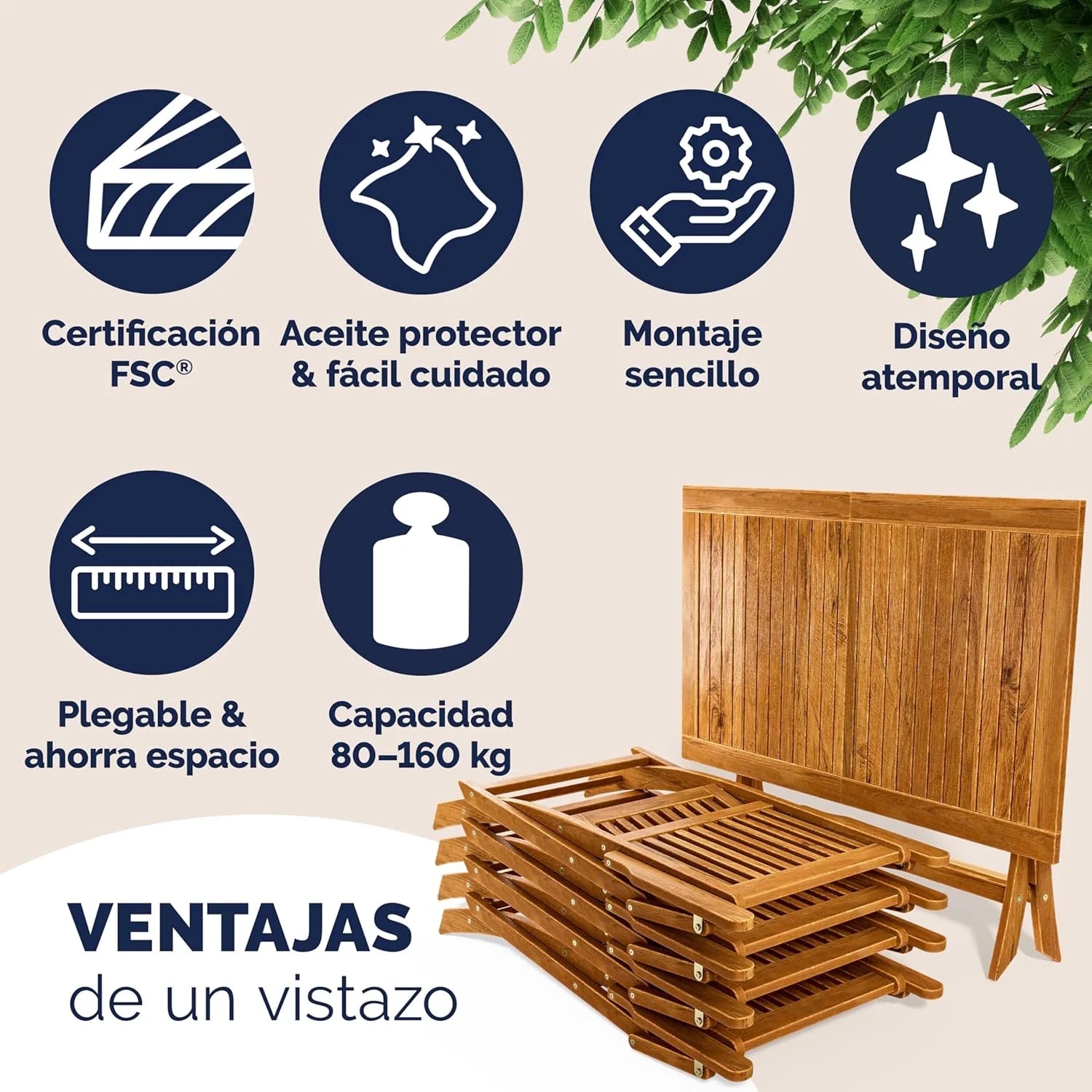 CASARIA® FSC® Outdoor Garden Table Set of 4 Chairs Acacia Wood Dining Set Patio Terrace Balcony Set 5 Pieces Folding Table Seats Armrests Durable Weather Resistant 120 x 70 cm