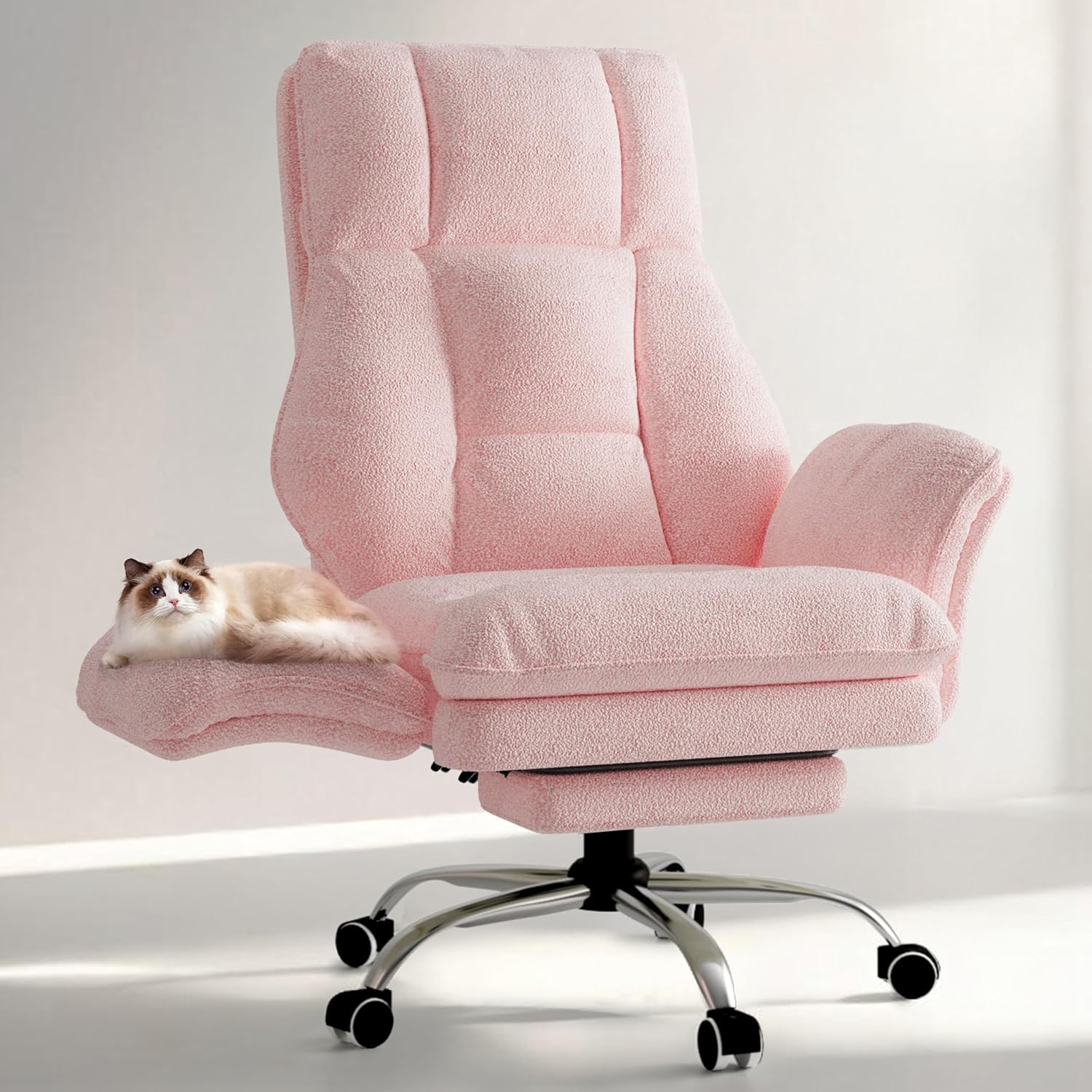 HOMRELEXA Big and Tall Ergonomic Executive Office Chair with Footrest, Flip Up Armrests and High Back, Plush Curly Hair - White