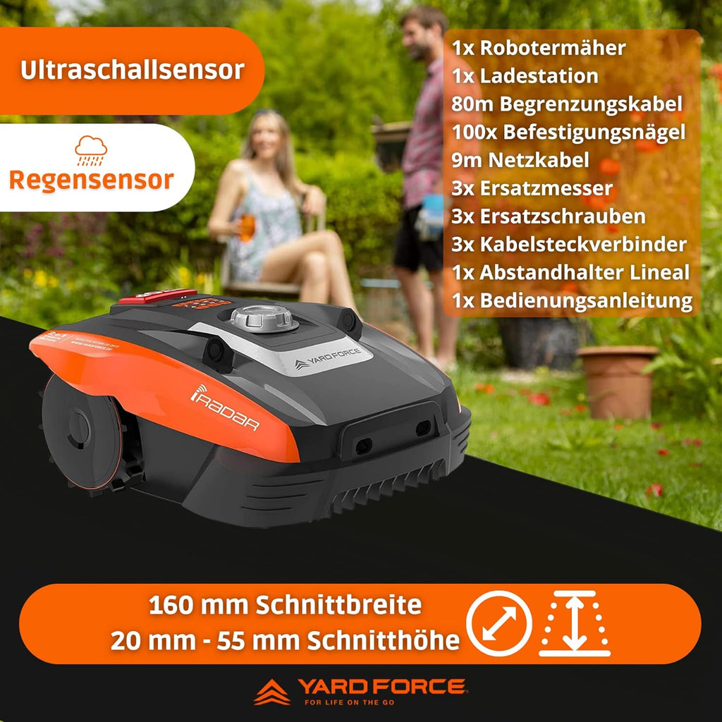 Yard Force Force Compact 300RBS Robot cortacésped hasta 300 m² con control Bluetooth y aplicación, motor sin escobillas, batería 20 V/2,0 Ah, negro/naranja