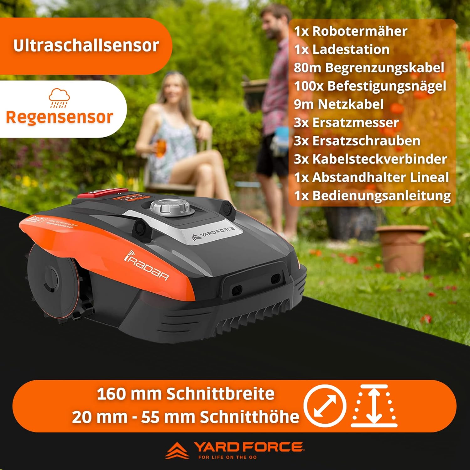 Yard Force Force Compact 300RBS Robot cortacésped hasta 300 m² con control Bluetooth y aplicación, motor sin escobillas, batería 20 V/2,0 Ah, negro/naranja