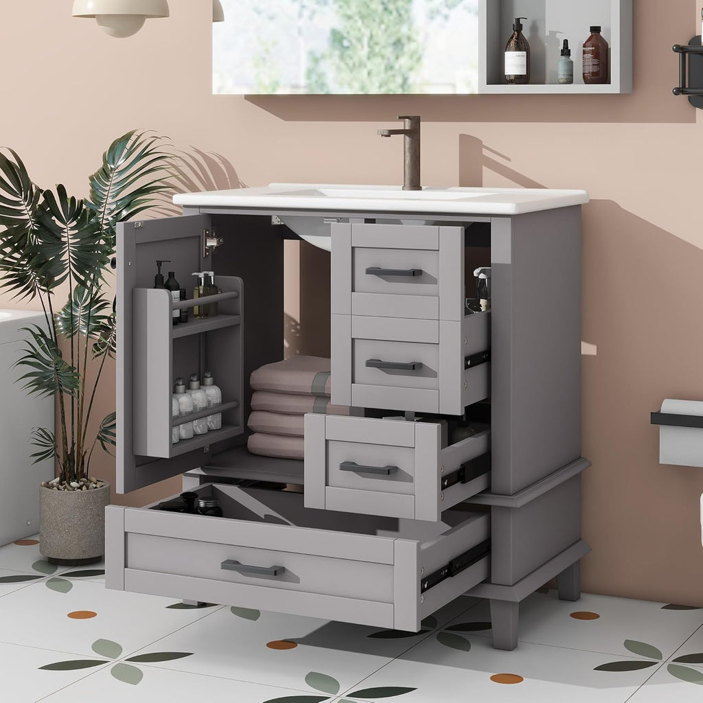 Armario de Baño Lcoho 76 x 46 x 83,5 cm con Lavabo, Lacado Completo, Estantería para Puerta, Tres Cajones Silenciosos, Lavabo de Cerámica Integrado (Gris)
