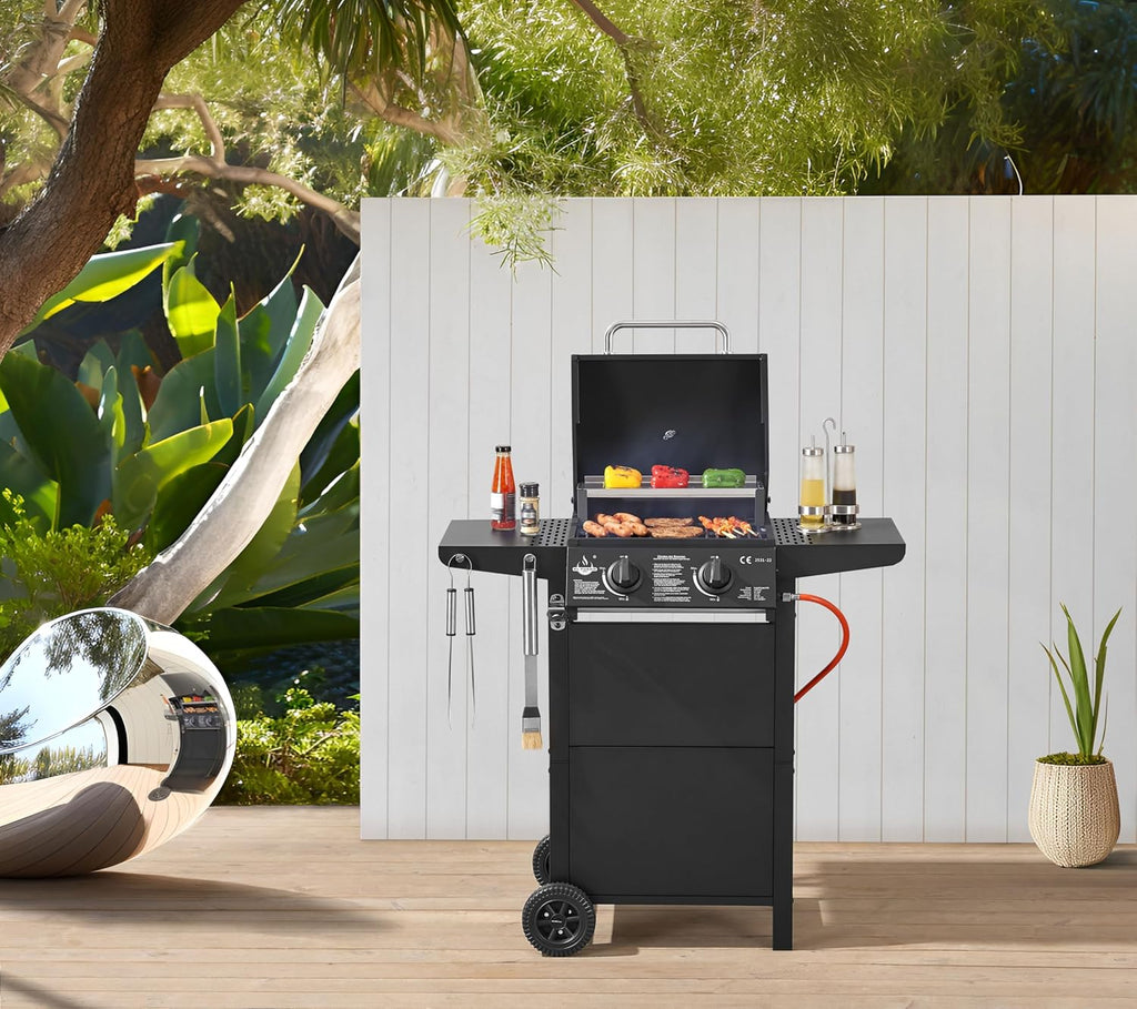 Grill gazowy "San Jose 2 palniki" firmy El Fuego®, w zestawie wąż gazowy i reduktor ciśnienia, ruszt do grillowania z żeliwa, z termometrem i dużymi półkami bocznymi, grill BBQ | AY0204