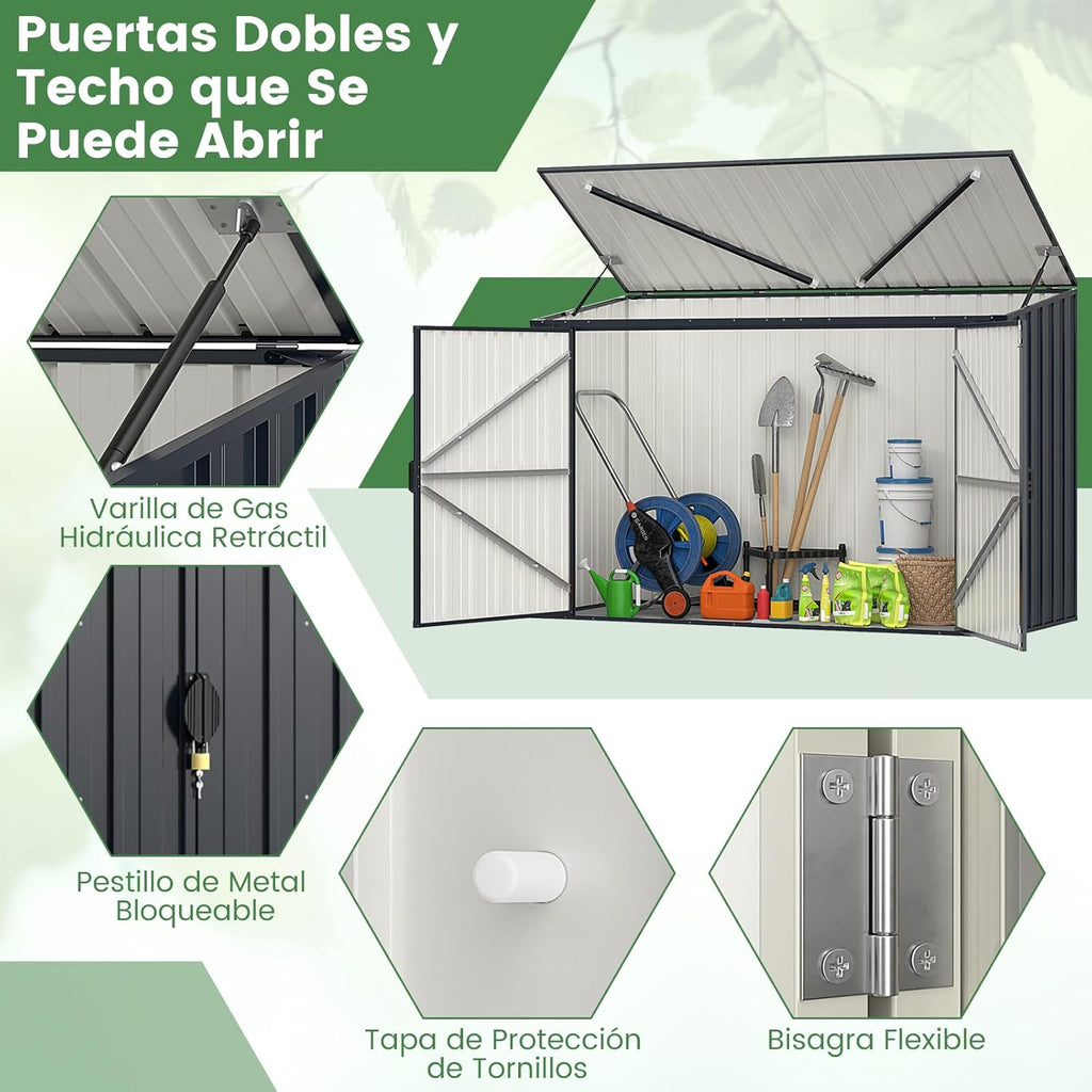 GOPLUS 1,9 m³ Caseta de Jardín de Acero Galvanizado, 193 x 86 x 127 cm, Cobertizo Exterior con Doble Puerta con Cerraduras, Palanca Hidráulica, Casa para Herramientas, Bicicletas, Cubos de Basura