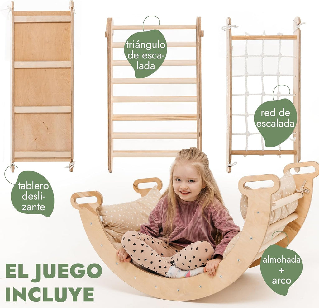 5 en 1 Montessori Juego de Escalada Interior para Niños Pequeños - Gimnasio de Madera para Niños Escalera Triangular & Arco & Rampa de Escalada & Red & Cojín - Gimnasio de Madera para niños pequeños