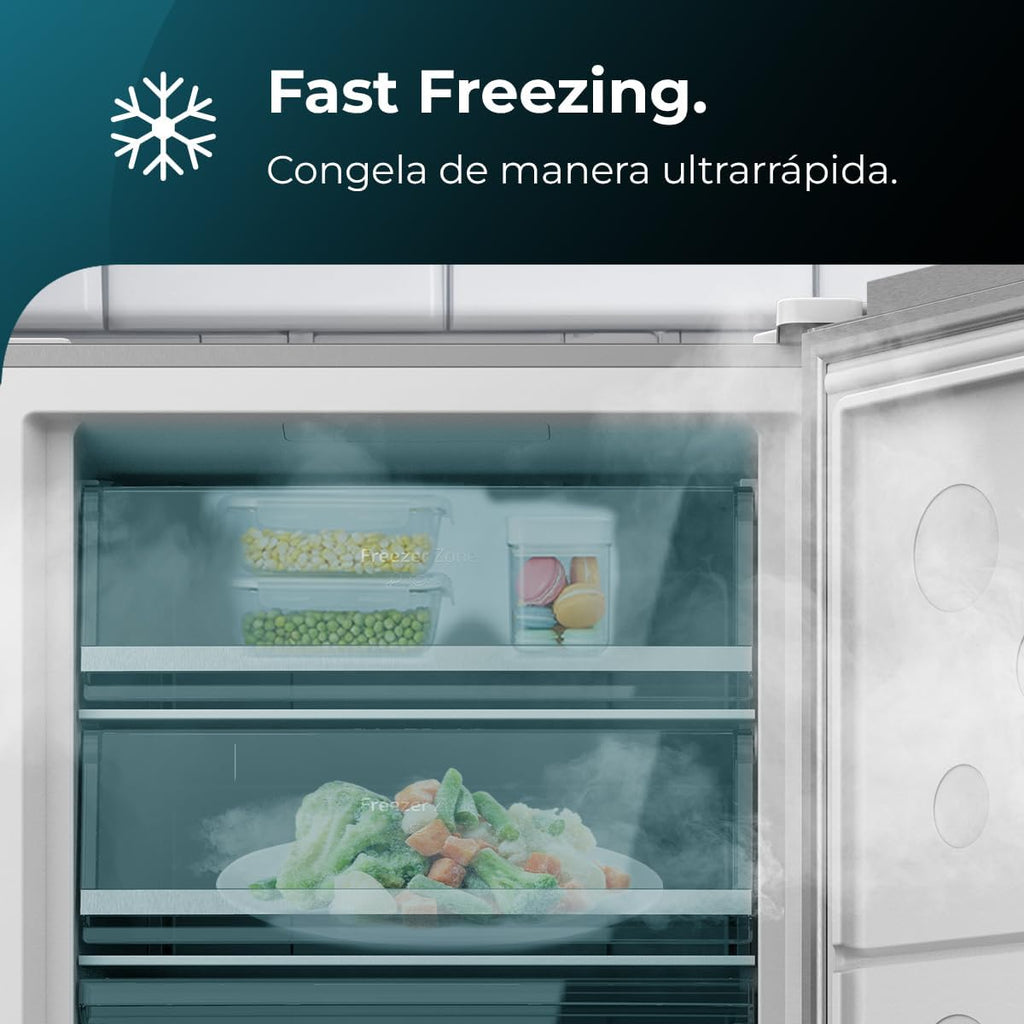 Cecotec Congelador Vertical de 380L Bolero CoolMarket UF 380 inox D. 1950W, Motor Inverter Plus, Bajo Consumo, Total No Frost, Display door, Convertible a frigorífico, Multi Airflow