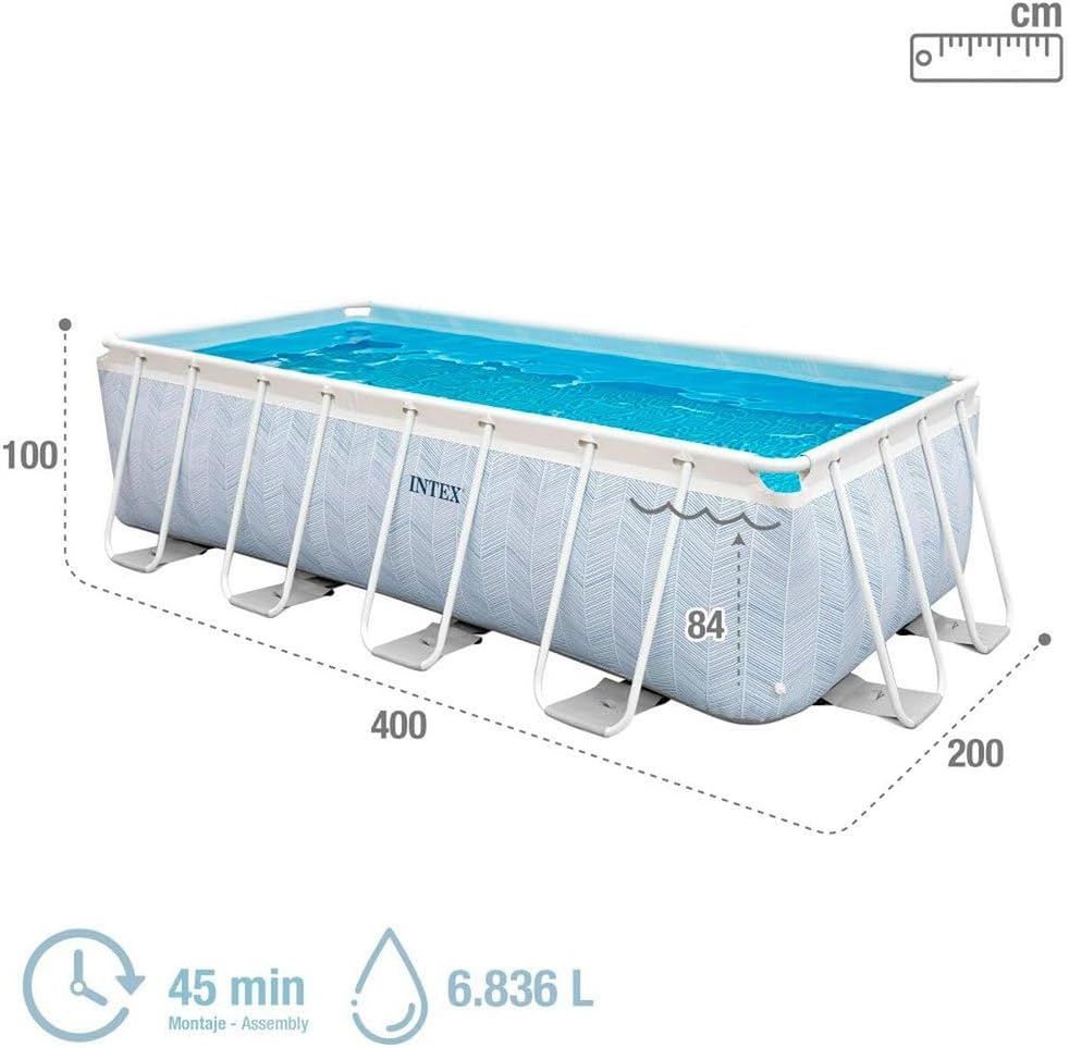 Intex Piscina Desmontable Rectangular Chevron Prism Frame Premium, Medidas 400x200x100cm, Capacidad 6.836 litros, Material Resistente Triple Capa, Incluye: depuradora y Escalera (55259)