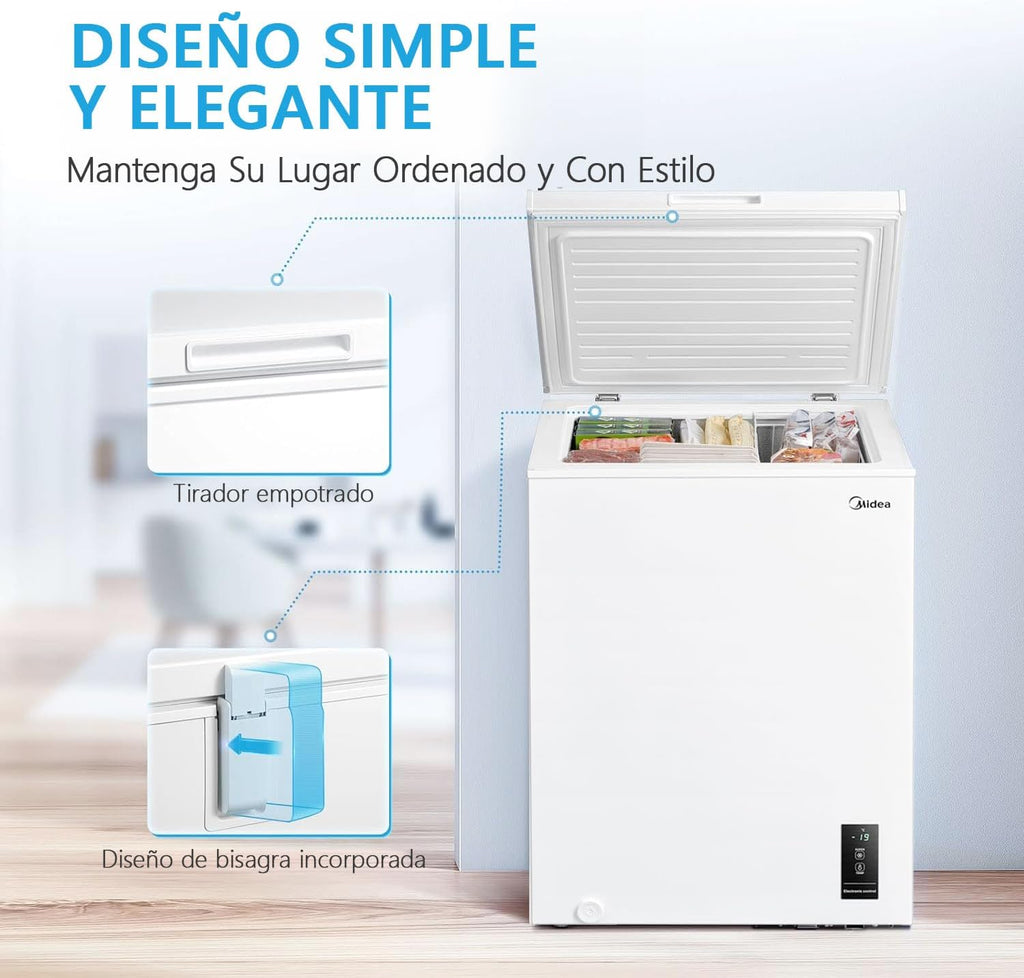 MIDEA Arcon Congelador Pequeño Horizontal de 99L, Motor Inverter, Control Electrónico de Temperatura, Tecnologia D-TYPE Tube, Cestas con Asa, Easy Move, Silencioso 39dBA, Bajo Consumo, Blanco