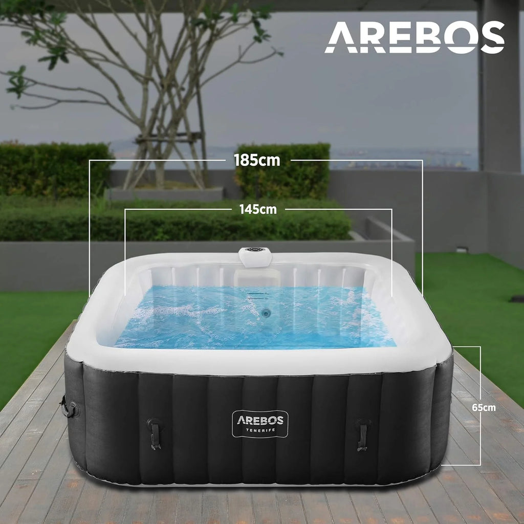 Arebos Whirlpool Inflatable Spa | Hot Tub | 185 x 185 cm | for 6 People | LED Luminous Band | 130 Massage Jets | 910 Litres | Includes Cover | Bubble Massage and Wellness