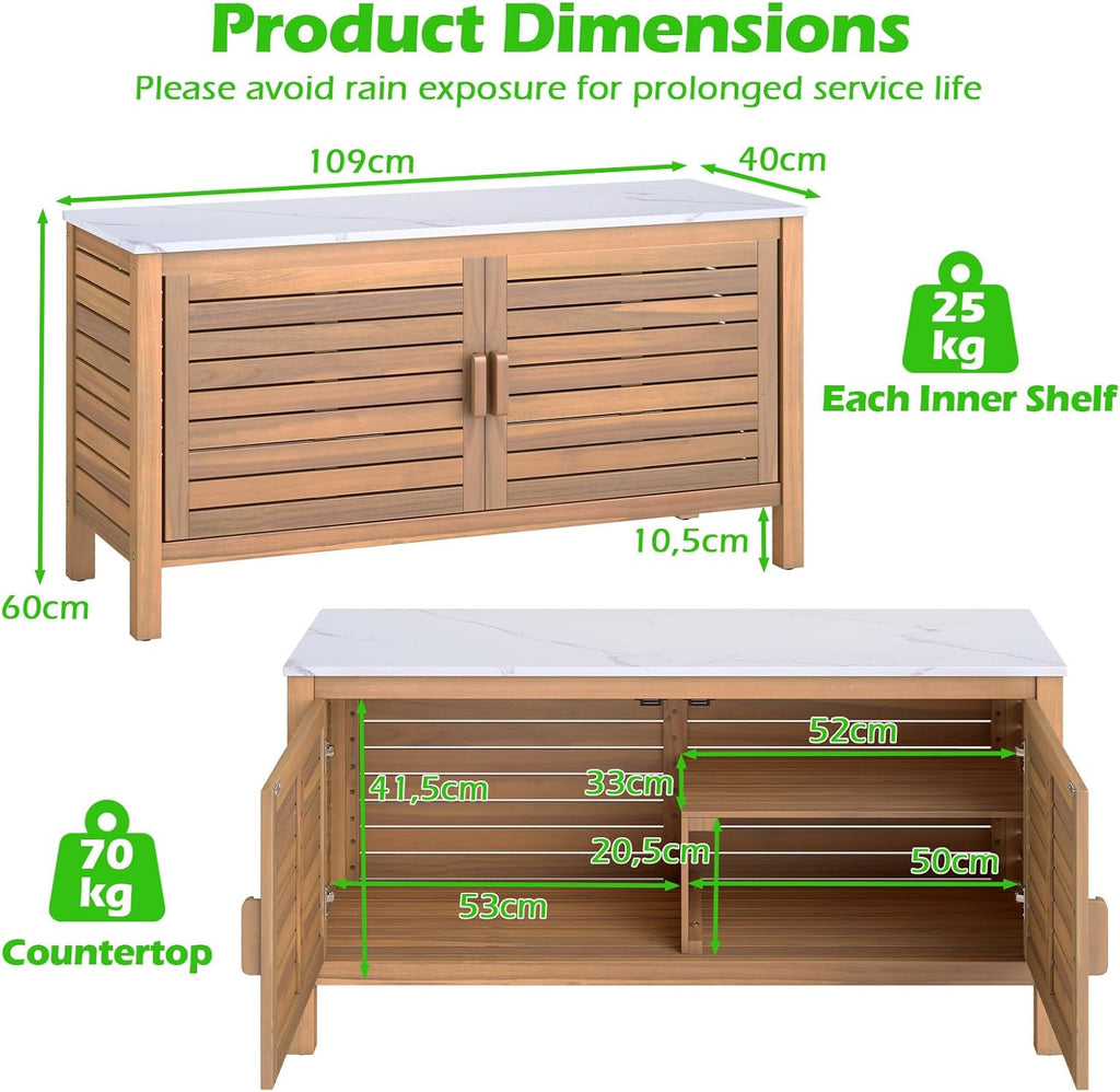 KOMFOTTEU Baúl de Jardín de Madera de Acacia, Caja de Almacenamiento con Doble Puerta y Tapa de Mármol Artificial, Arcón Exterior con Patas Ajustables, Contenedor Organizador para Patio