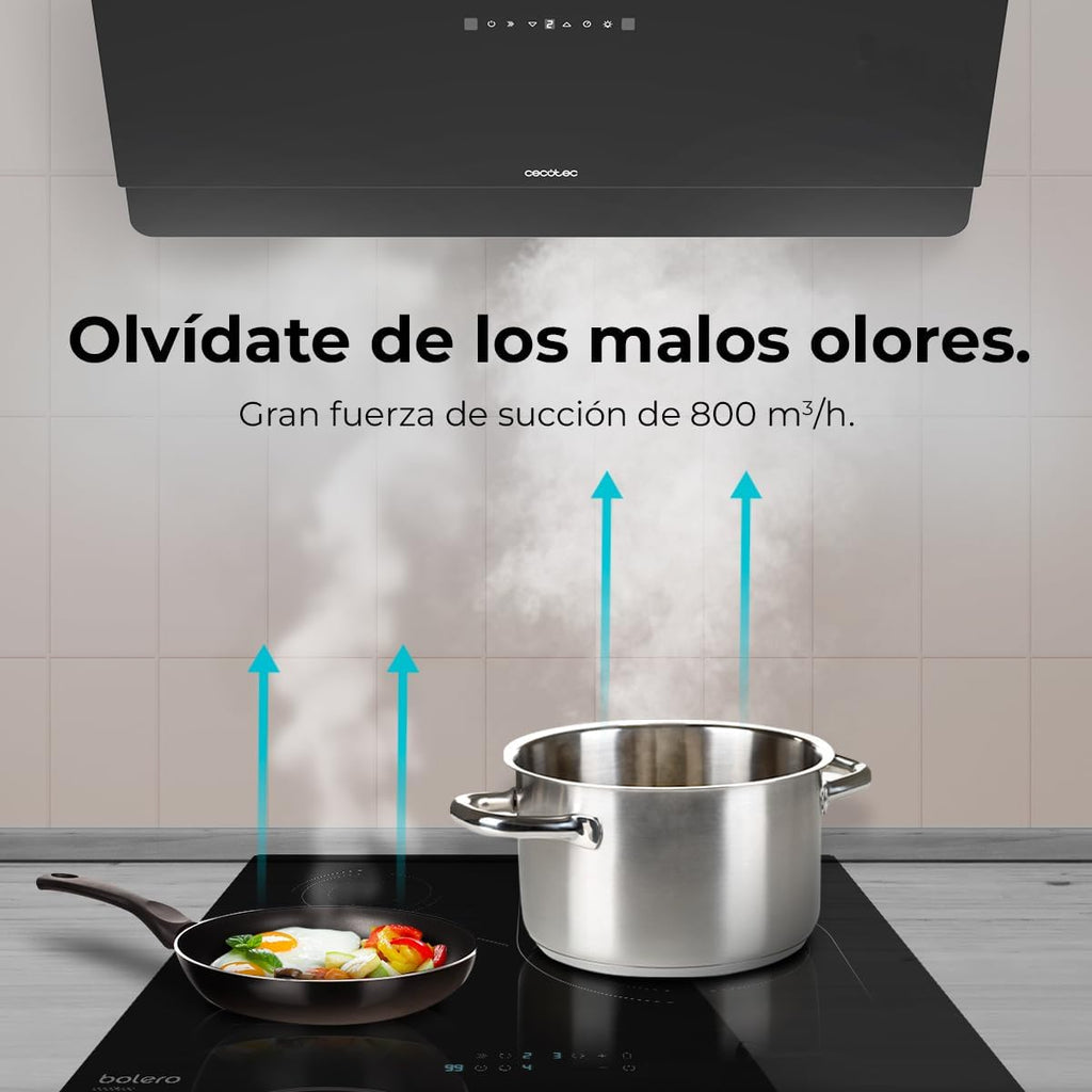 Cecotec Campana Decorativa 90 cm Flux Dt 908000 Glass Black A++. Vidrio Negro, 800M3/H de Potencia, Motor 210W, A++, Control Táctil, 3 Niveles + Booster, Hand Movement Control