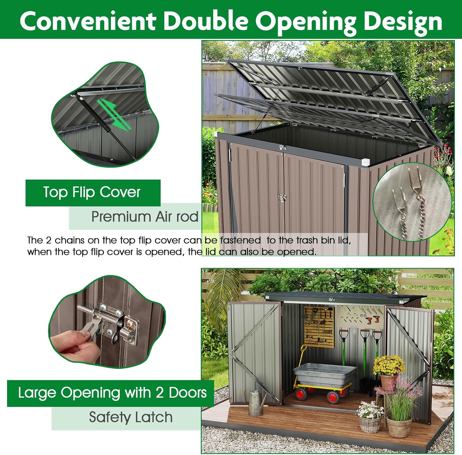 HOMASIS Cobertizo de Jardín, Caseta Metálica con Tapa Abatible de Exterior, Cobertizo de Herramientas con Doble Puerta, Alta Resistencia para Granja, Terraza, 172x101x130cm, Gris (Gris Cálido)