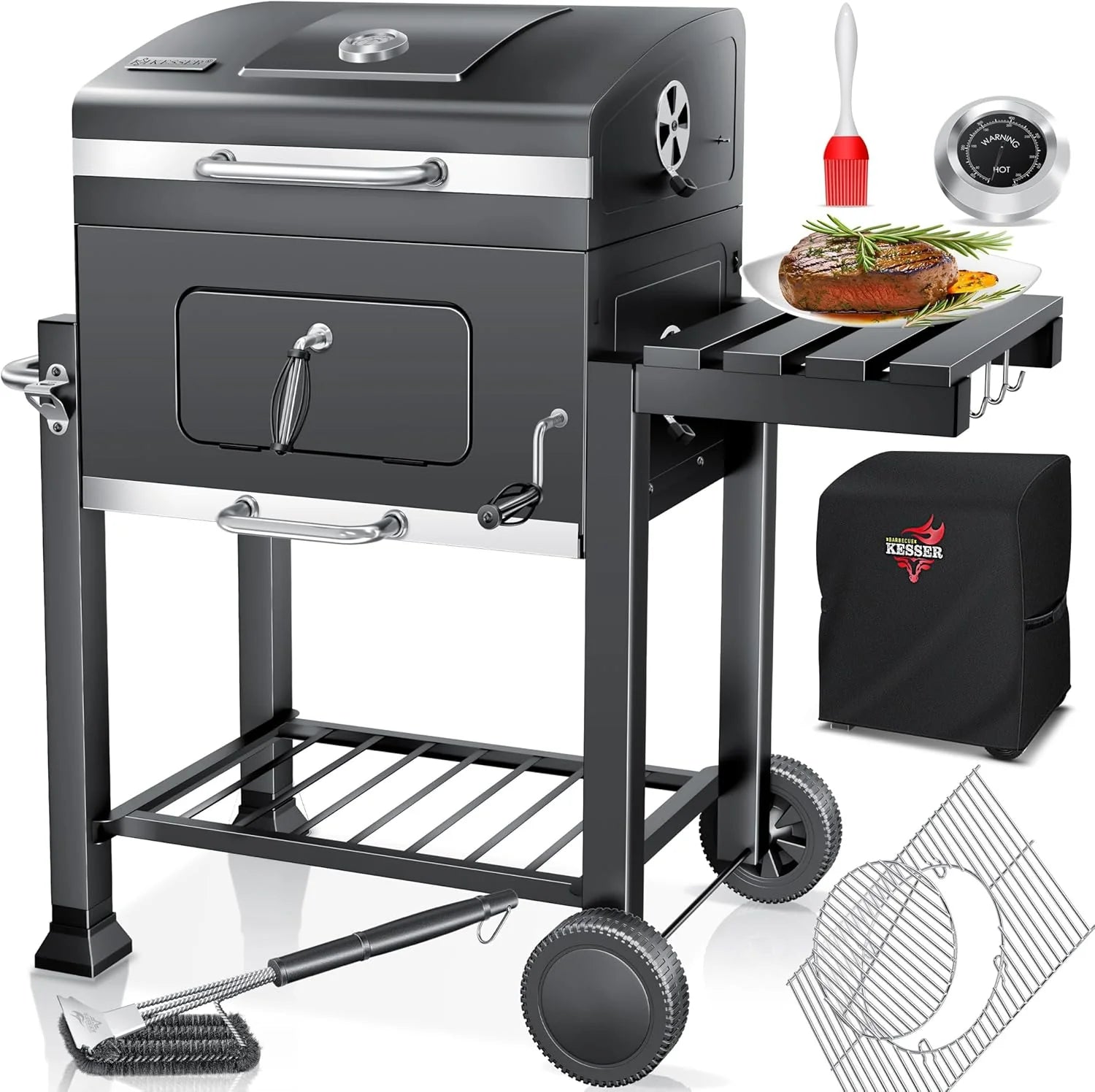KESSER® Charcoal Grill with Grill Cart with Lid, Wheels, Stainless Steel Handle | Barbecue and Thermometer Charcoal Large BBQ Grill Camping Terrace Garden XXL Black