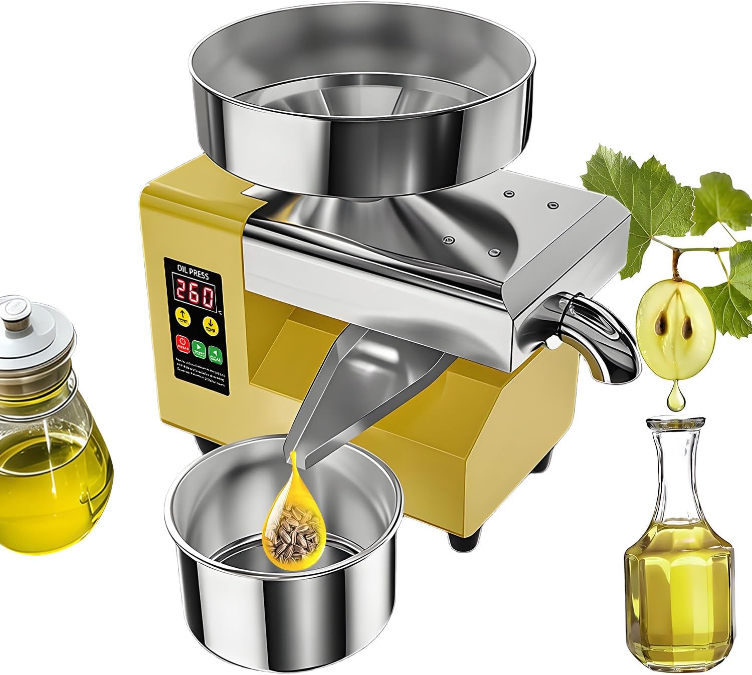 Prensa de Aceite Eléctrica Automática 1500W | Extractor de Aceite de Acero Inoxidable a Frío y Calor | Para Huesos de aceituna,Nueces,Sésamo,Coco,Soja,Almendra|Control de Temperatura Inteligente