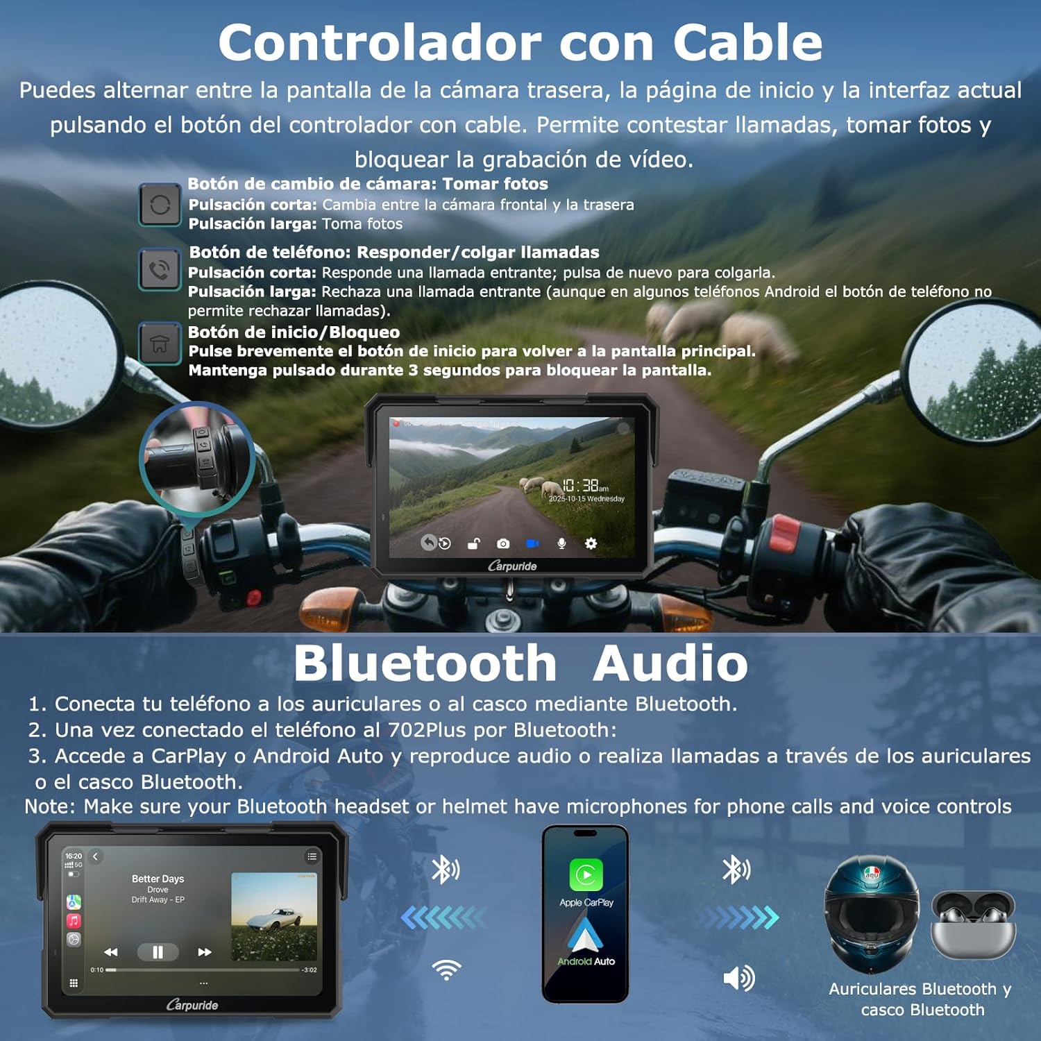 Carpuride W702 Plus Android 14 Motocicleta Carplay Pantalla con Doble Cámara, CarPlay y Android Auto Inalámbricos,7" Pantalla Táctil Impermeable, Audio BT,Grabación Bucle, Navegación Online y Offline.