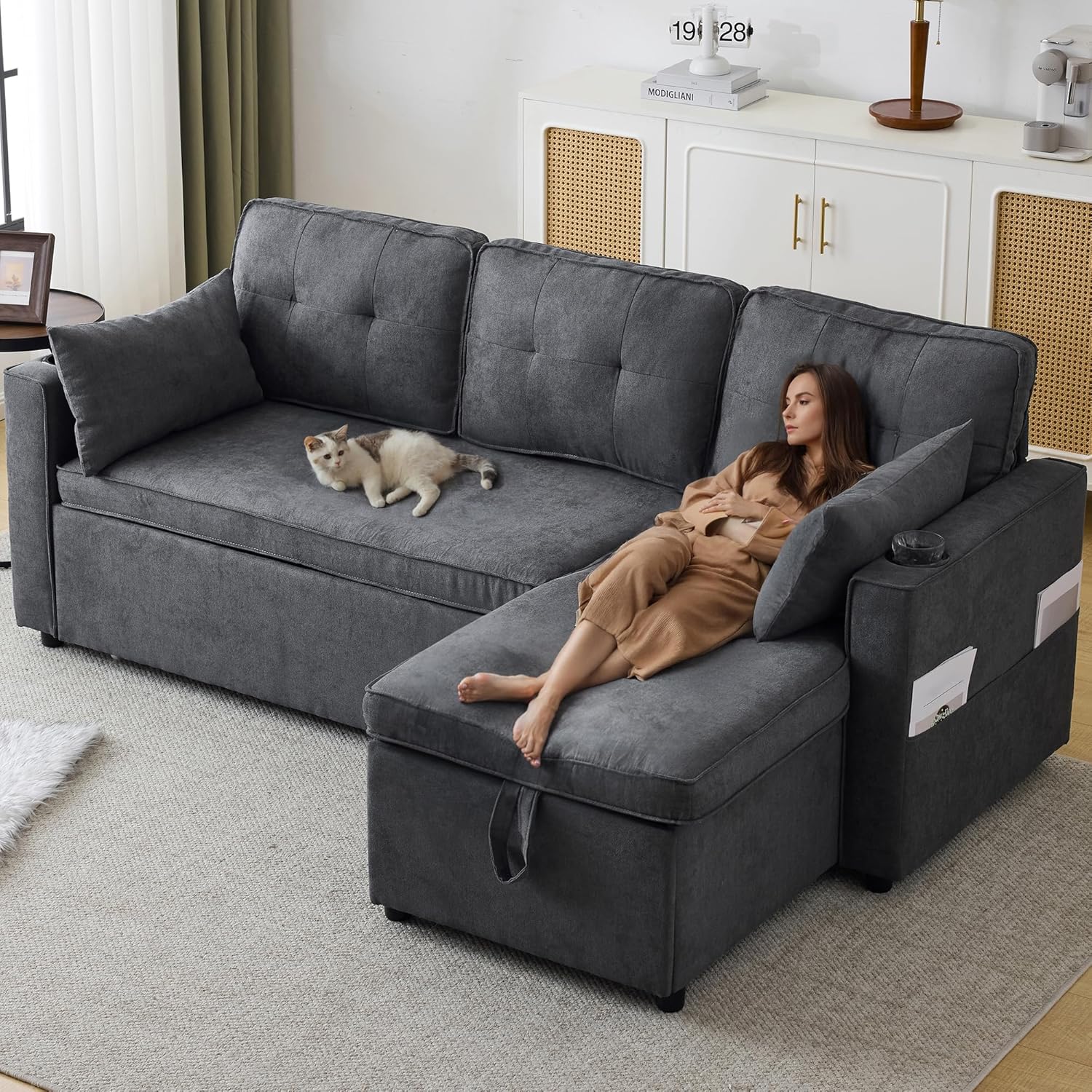 Sofá Cama 3 plazas con Portavasos y Bolsa Pasamanos Lateral, Sofá en Forma de L, Intercambiable a la Derecha y a la Izquierda, Gris