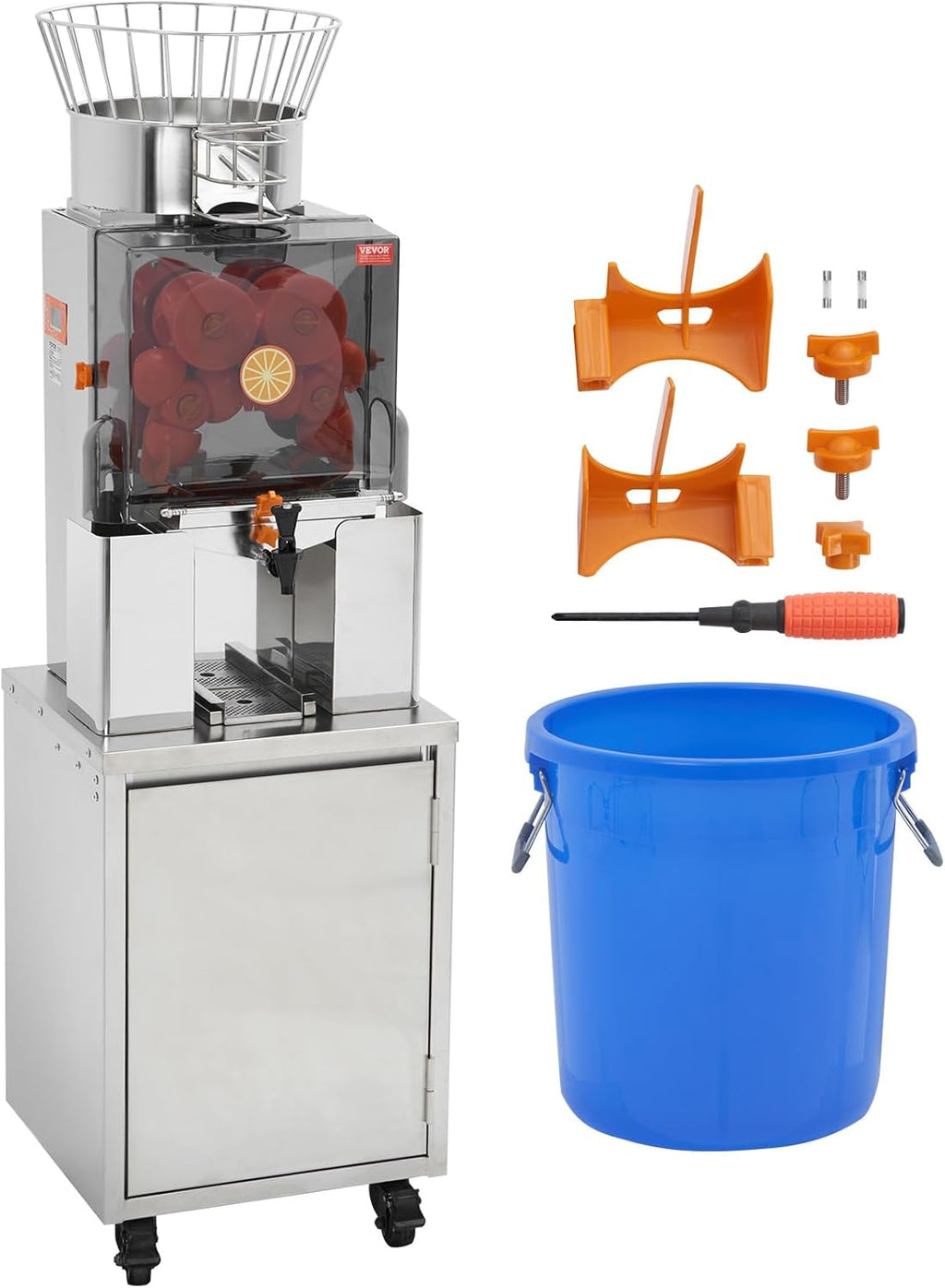 VEVOR Exprimidor de Cítricos Eléctrico 120 W Extractor de Zumo de Naranja Comercial Automático con Filtro Extraíble Cubo de Recolección de Cáscaras y Grifo para Restaurantes, Cafeterías, Fruterías
