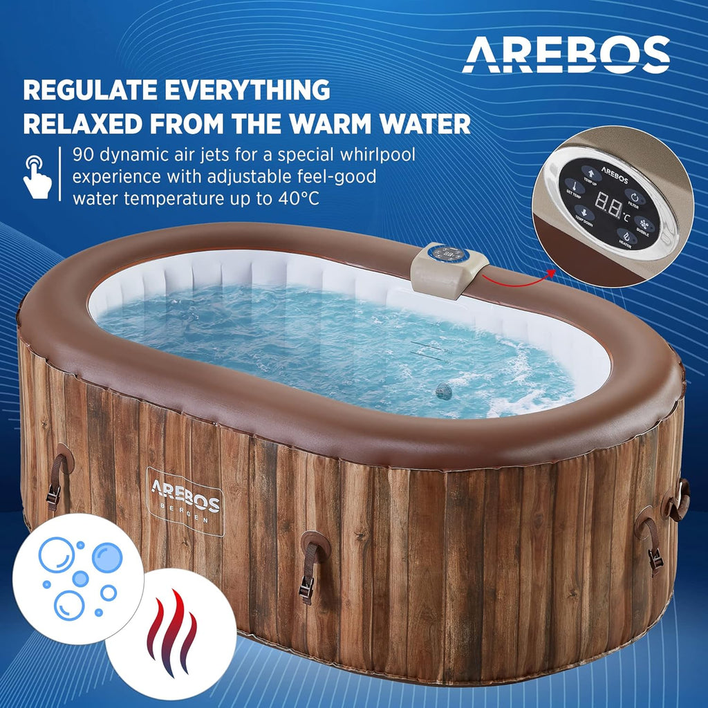 Arebos Whirlpool | SPA Hinchable | Interior y Exterior | 190x120 cm Ovalado | 2 Personas | 90 chorros de Masaje | con calefacción | 550 litros | Incl. Cubierta | Bubble SPA & Wellness Massage