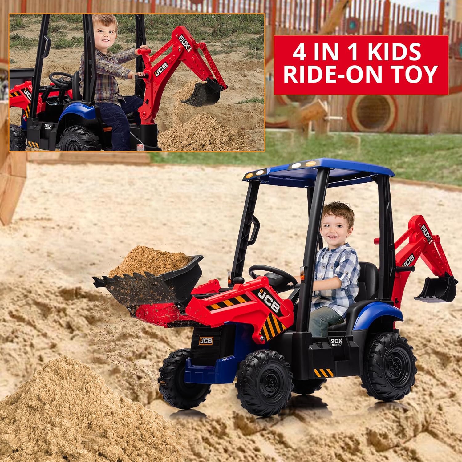 Tractor Eléctrico Infantil 4 En 1 De 12 V Con Excavadora/Buldózer/Techo Desmontable - Control Remoto Parental De 2.4 G, Bocina y Velocidad Ajustable (2-4 Km/h) - Juguete Seguro Para Niños De 3 Años En