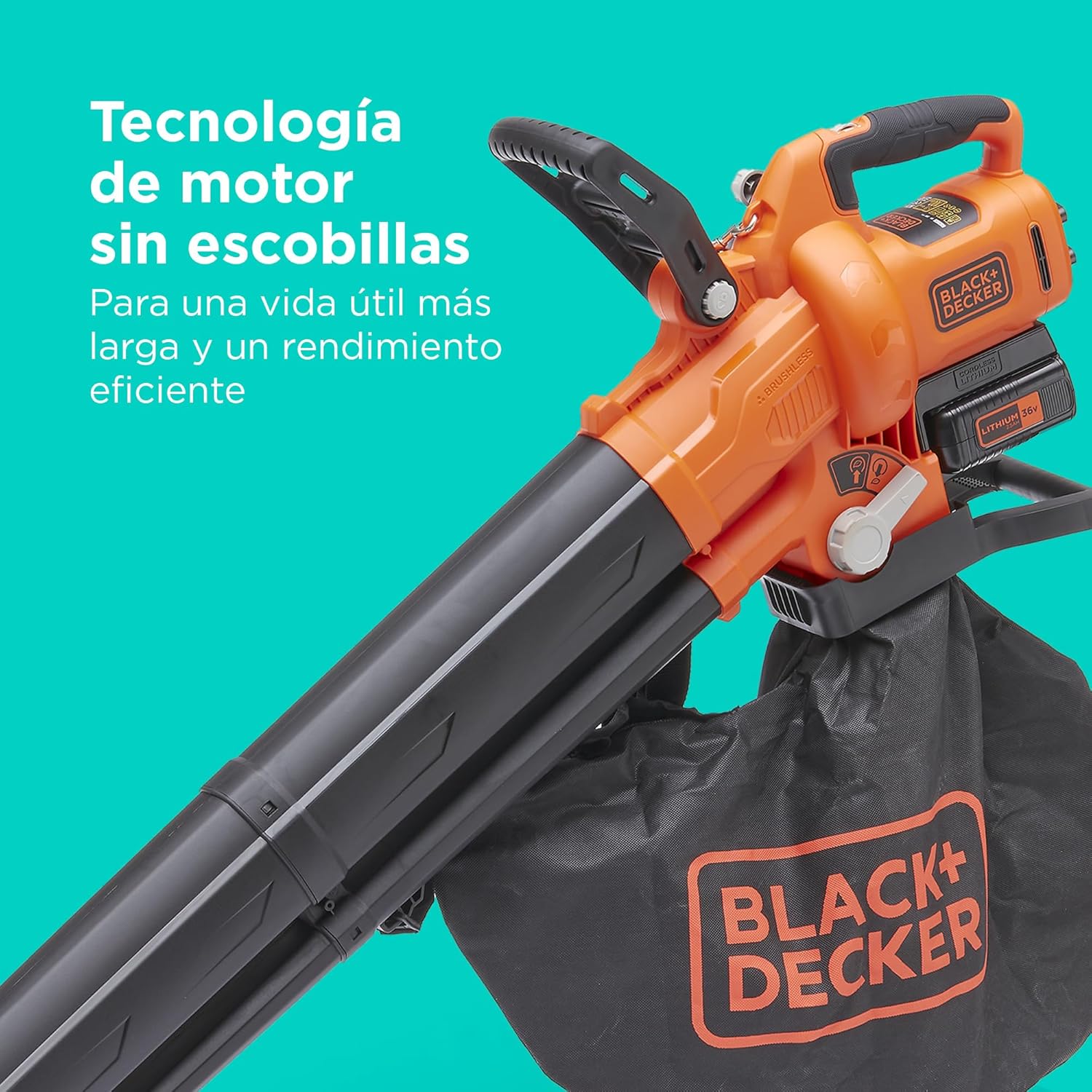 BLACK+DECKER Sopladora, aspiradora y trituradora de Hojas sin Cable de 36v, con Bolsa de recolección de 45L y batería de Litio de 2.5Ah, BCBLV3625L1-QW