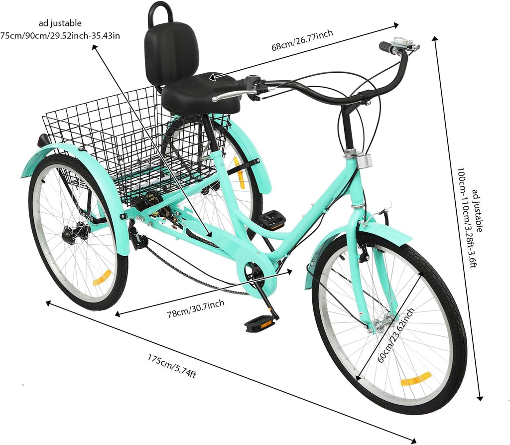 MccoMMon Triciclo de 24 pulgadas para adultos, 3 ruedas, triciclo de 7 velocidades, altura ajustable, bicicleta de carga para adultos, ancianos y mujeres