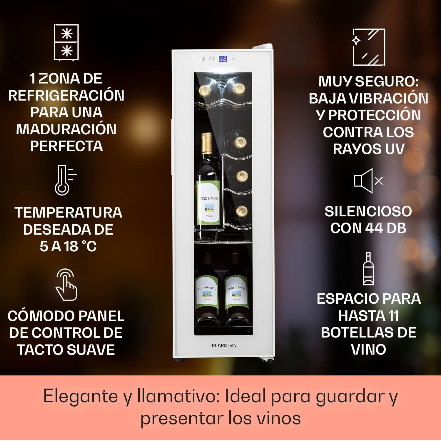 KLARSTEIN Vinoteca para Vinos de 32L Nevera Vino Una Zona, Botellas Vino, Proseco y Cervezas, Vinoteca Pequeña Puerta Cristal para Interior y Exterior, Nevera para Vinos Capacidad 12 Botellas