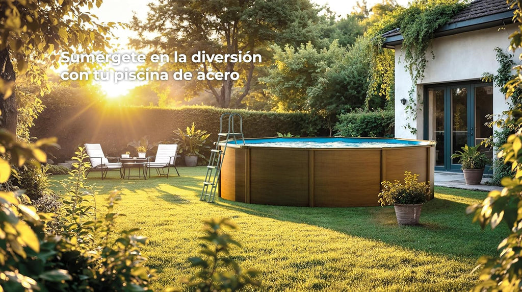Gre KITPR353W Piscina de Acero Elevada, Redonda con Aspecto Madera, Piscinas Desmontables para Jardín, 350 x120 cm, Sicilia