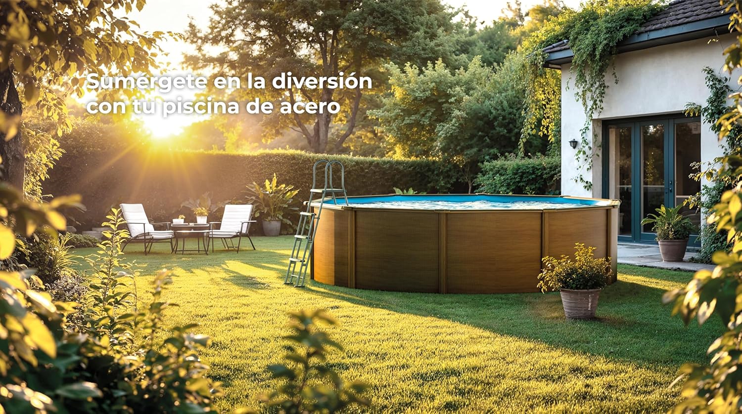 Gre KITPR353W Piscina de Acero Elevada, Redonda con Aspecto Madera, Piscinas Desmontables para Jardín, 350 x120 cm, Sicilia