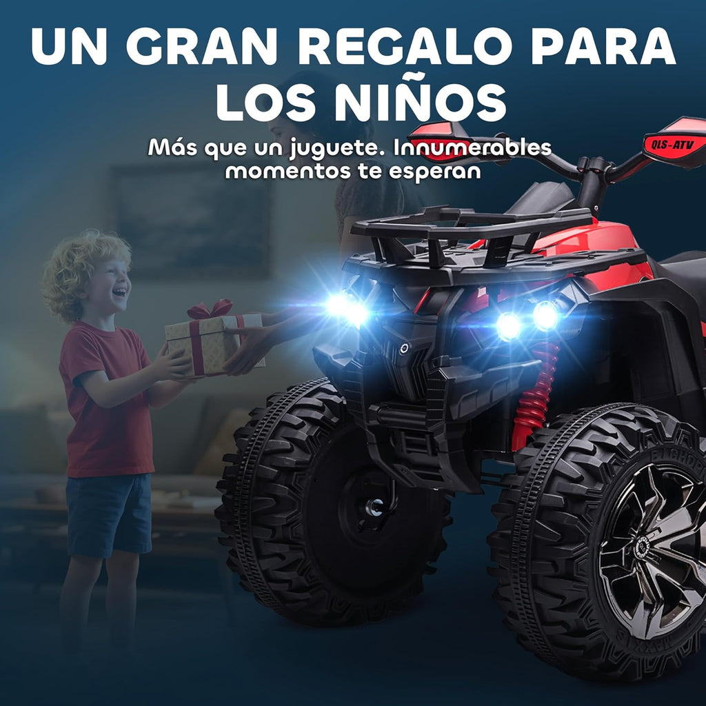 HOMCOM Quad Eléctrico 12V para Niños +3 Años con 2 Motores Faros Música Neumáticos de Suspensión Botones Avance y Retroceso Vehículo Eléctrico a Batería 100x65x73 cm Rojo
