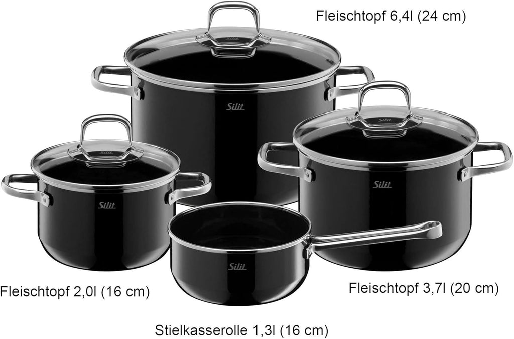 Silit Elegance Zestaw Garnków Indukcyjnych, 18/8 Stainless Steel, Przezroczysty/Czarny, 4 Sztuk