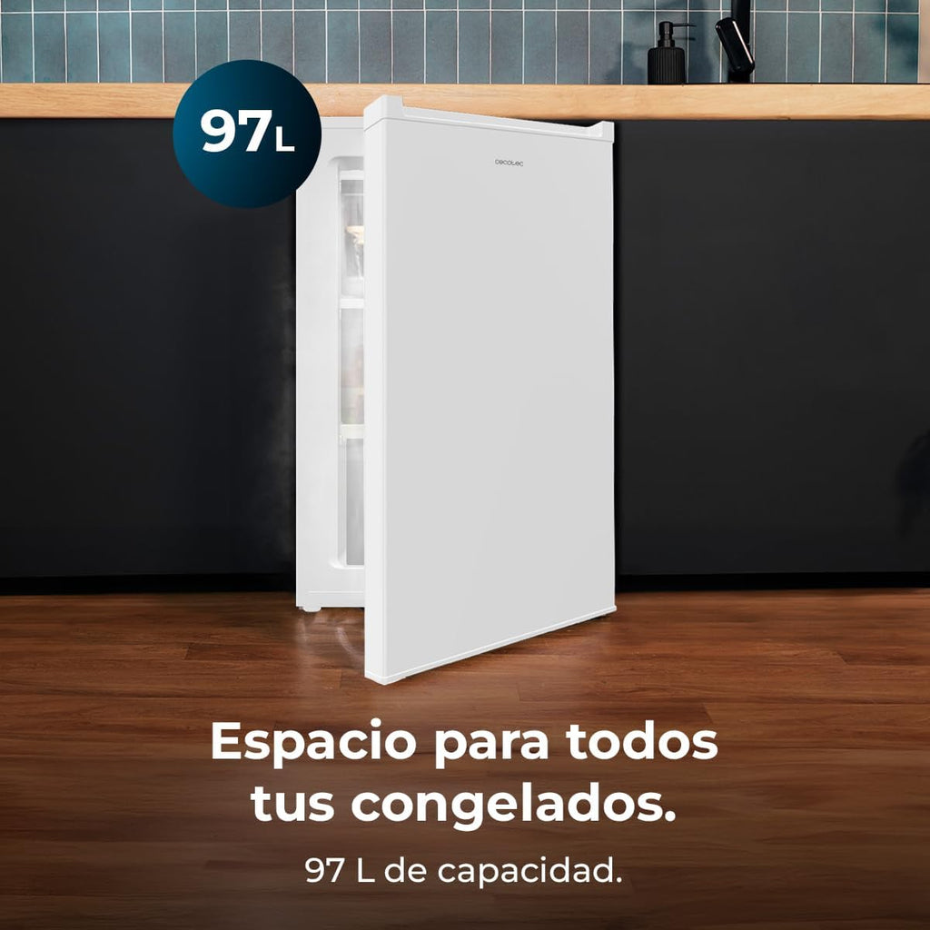 Cecotec Congelador Vertical Sobremesa 97 L Bolero CoolMarket TF 97 White, Clase Energética E, Diseño compacto, Puerta reversible, 3 Cajones, Medidas 55,1 x 57,5 x 83,5 cm, Color Blanco