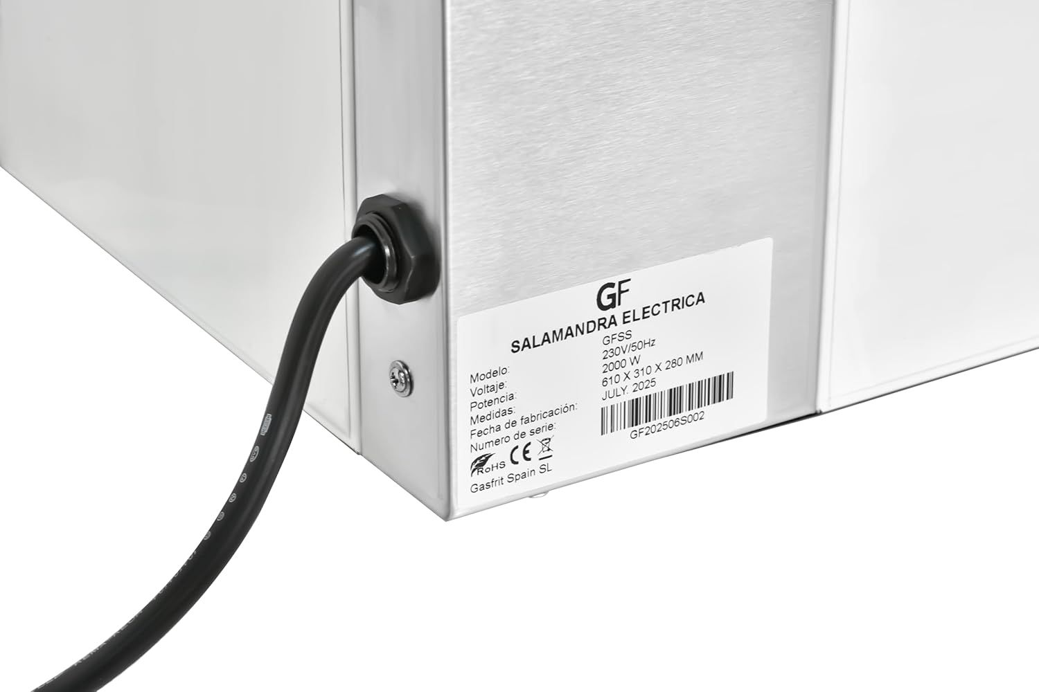 Salamandra Profesional Eléctrica 2000 W – Acero Inoxidable 18/10 – Temporizador 30 min – 50-300 °C – Uso Industrial Hostelería