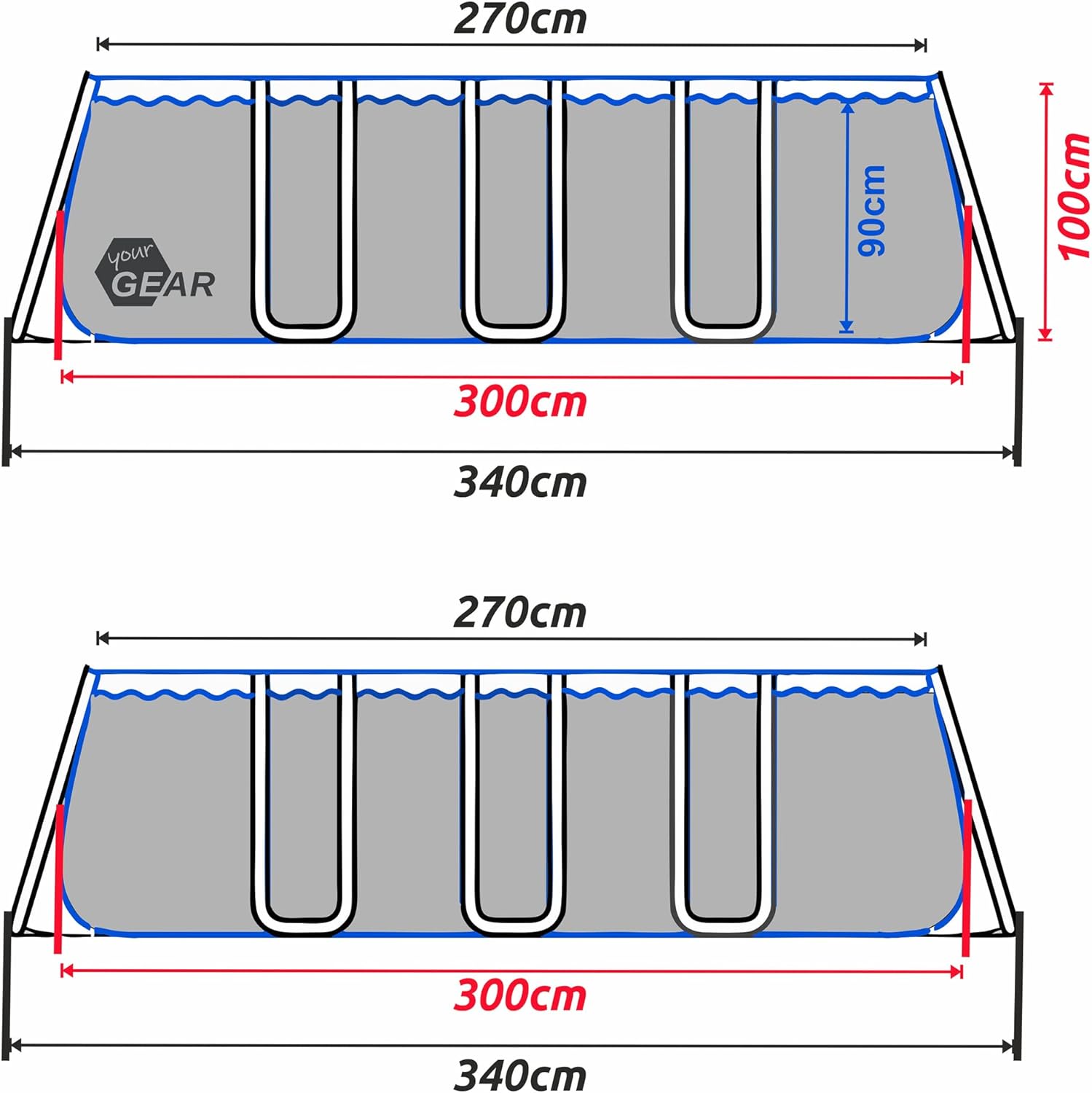 yourGEAR Piscina Familiar XL 3x3m - Piscina de Jardín con Marco de Acero Duradero, 8100L
