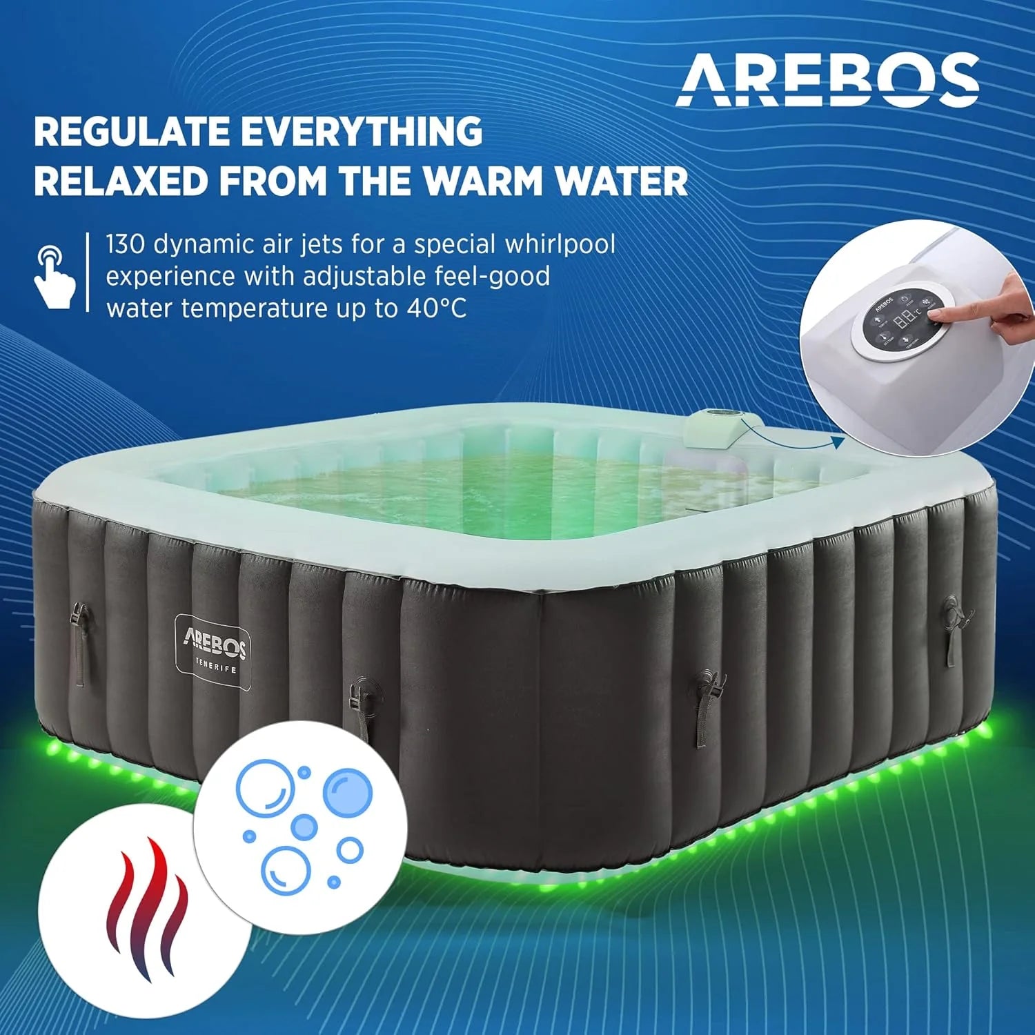 Arebos Whirlpool Inflatable Spa | Hot Tub | 185 x 185 cm | for 6 People | LED Luminous Band | 130 Massage Jets | 910 Litres | Includes Cover | Bubble Massage and Wellness