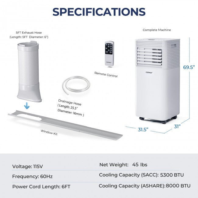 Aire Acondicionado Portátil 3 en 1 de 8000 BTU con Deshumidificador y Modo Ventilador