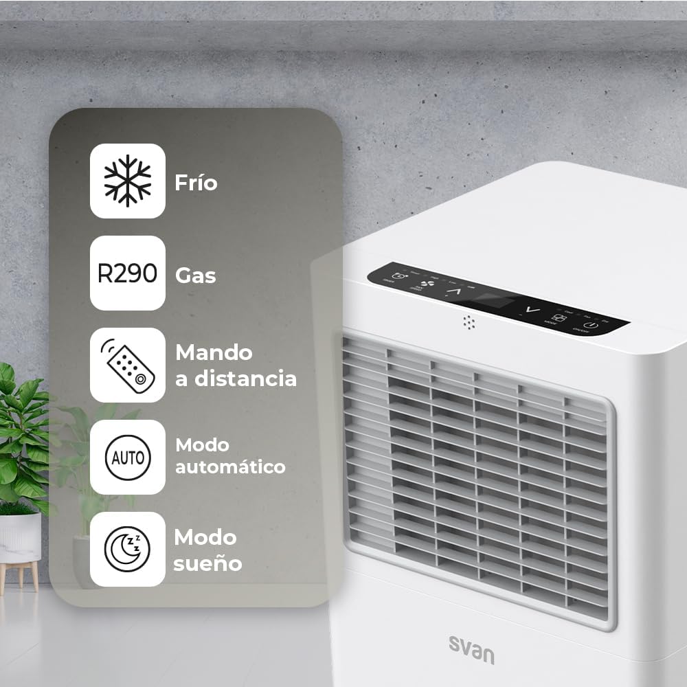 Svan Aire Acondicionado Portátil, 9000 BTU. SAAP900F. Solo frío, Display LED Táctil, Temporizador, Mando a Distancia, Kit instalación ventana incluido, Clasificación Energética A