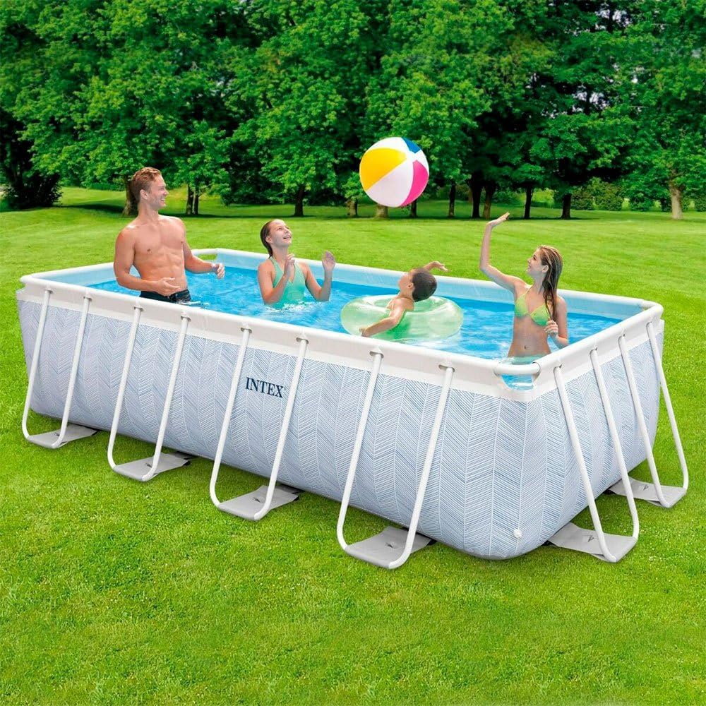 Intex Piscina Desmontable Rectangular Chevron Prism Frame Premium, Medidas 400x200x100cm, Capacidad 6.836 litros, Material Resistente Triple Capa, Incluye: depuradora y Escalera (55259)