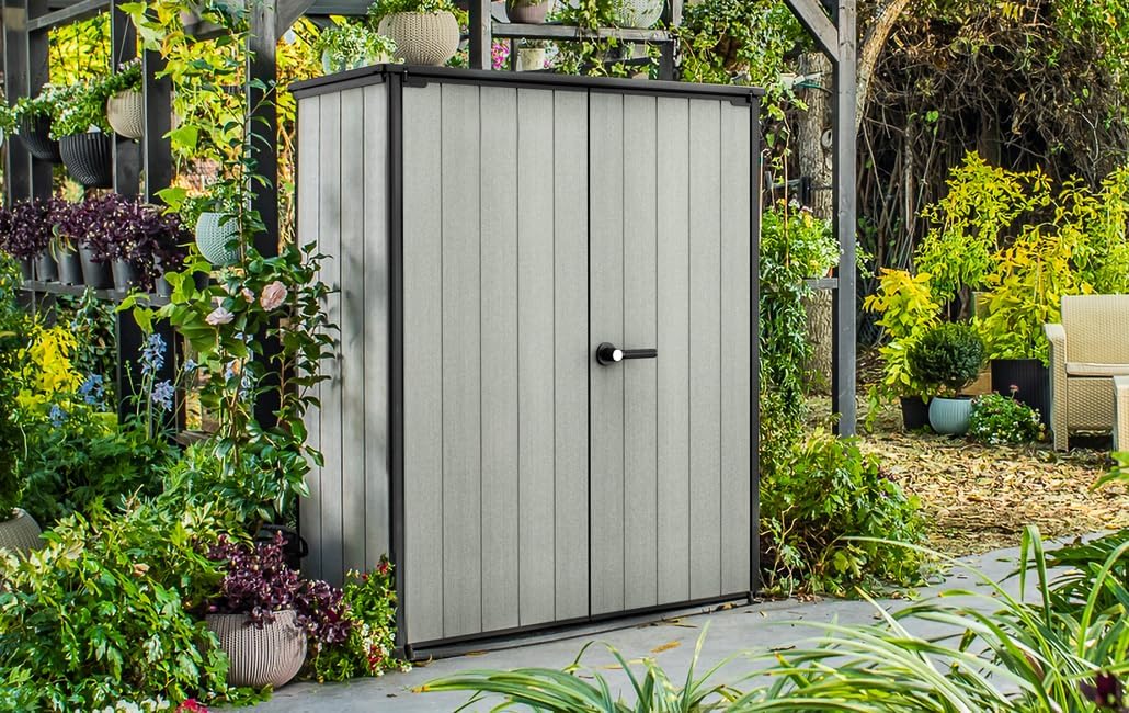 Keter High Store Plus- Cobertizo de jardín Exterior, 1400L, Color Gris, tecnología Duotech Paredes aptas para Pintar, 170.4 x 140 x 73.6 cm