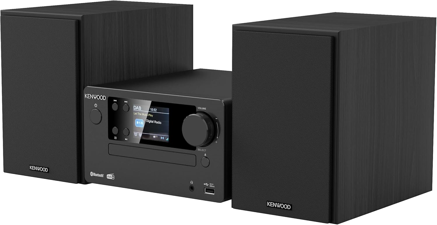 Microcadena HiFi Kenwood M-725DAB-B con CD, USB, Dab+ y Bluetooth Audio-Streaming. Color: Negro - Mini Equipo de Musica para casa